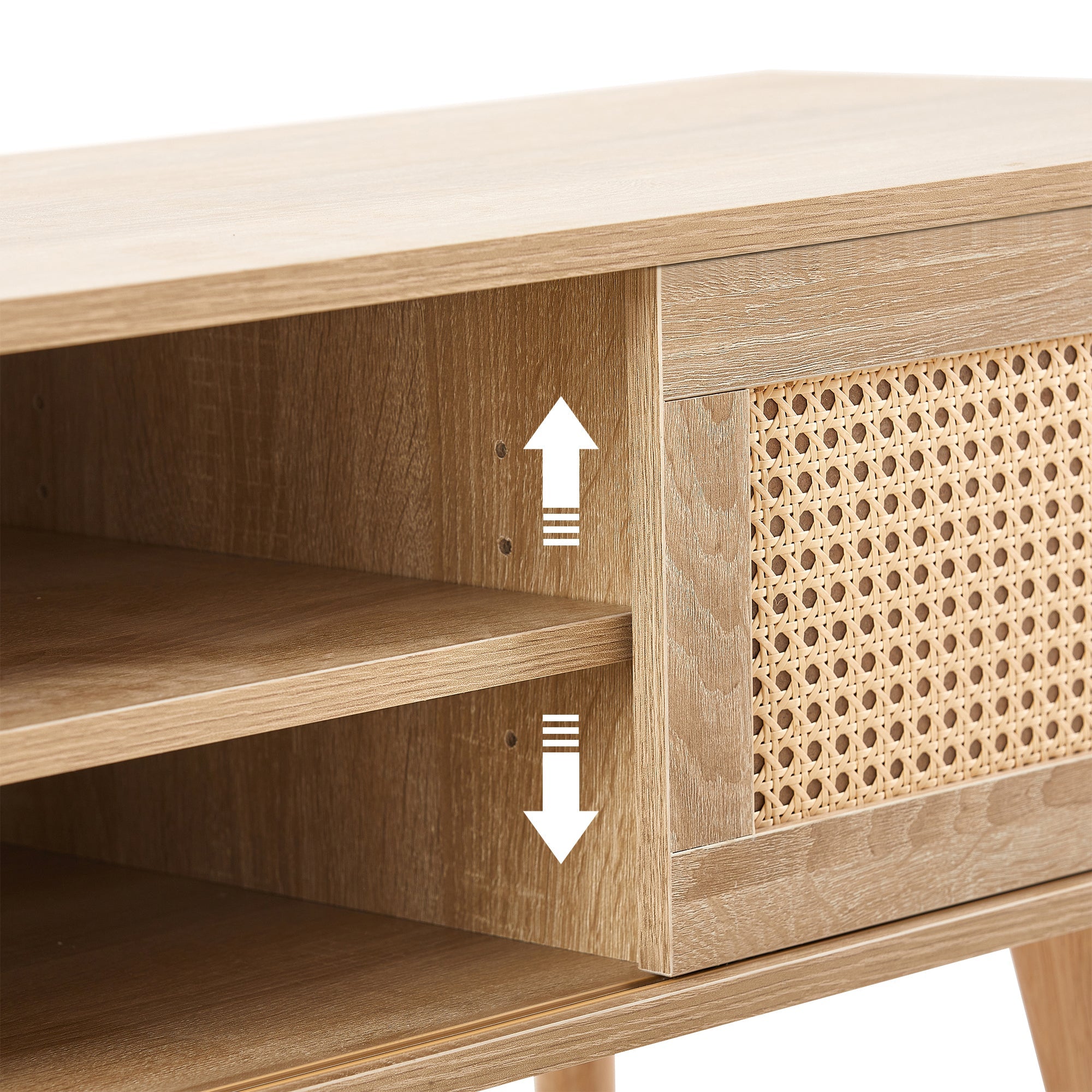 Natural Rattan TV Cabinet with Double Sliding Doors, Adjustable Shelf, Solid Wood Legs, 55.12 Inches