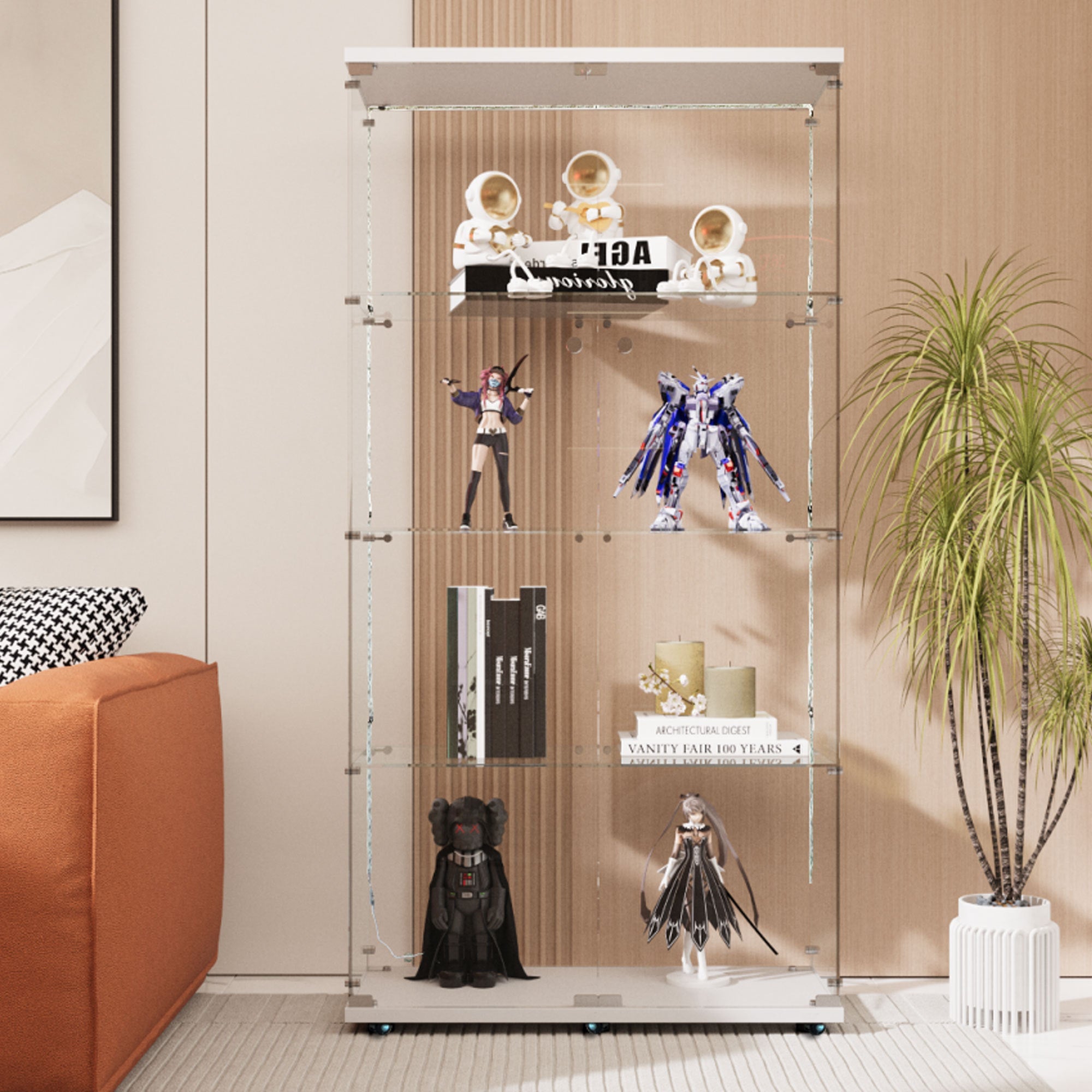 Tempered glass display cabinet, wine cabinet,storage cabinet,file cabinet,with Bluetooth LED light strip,lock on the door,equipped with cast,easy to move,for living room, bedroom,hallway,Office,white