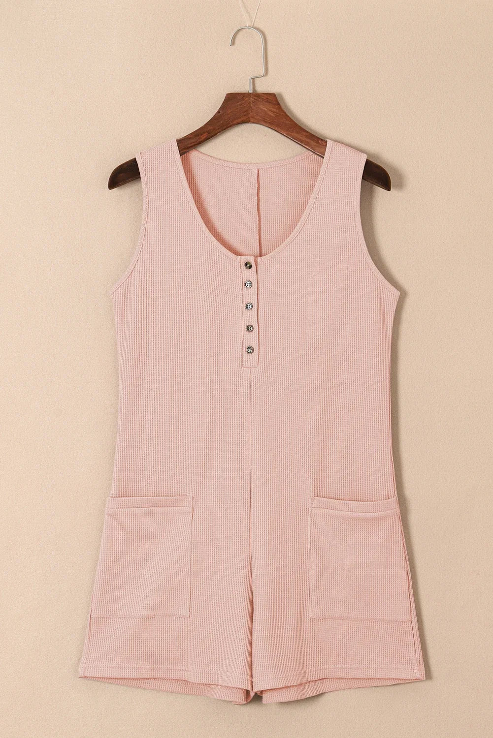 Solid Waffle Buttoned Scoop Neck Sleeveless Romper