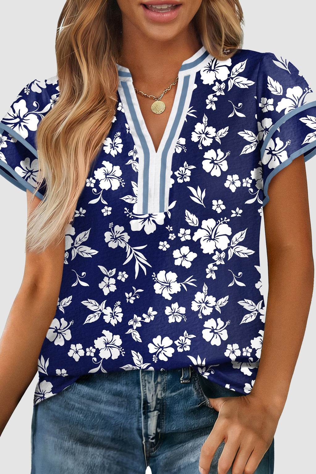 Floral Contrast Trim Split Neck Ruffle Sleeve Blouse
