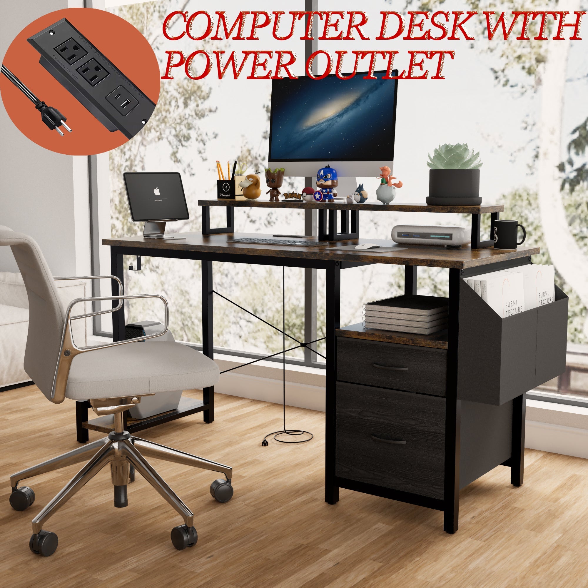 Computer Desk with Drawer and Power Outlets, 47' Office Desk with 2 Monitor Stands and Fabric File Cabinet, Writing Gaming Table with Shelves and Hooks for Home Office, Rustic Brown