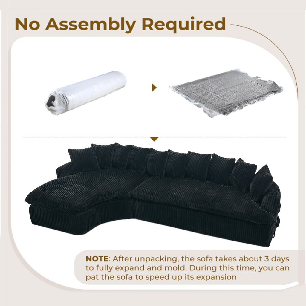 [NEW ARRIVED] [VIDEO PROVIDED]   127''  Large Sectional Sofa ,Elegant Curved Design ,High-Resilience Foam ,Ten Back Cushions,L-Shape Left Sofa,No Assembly  Required , (Black
-Soft Corduroy Fabric)