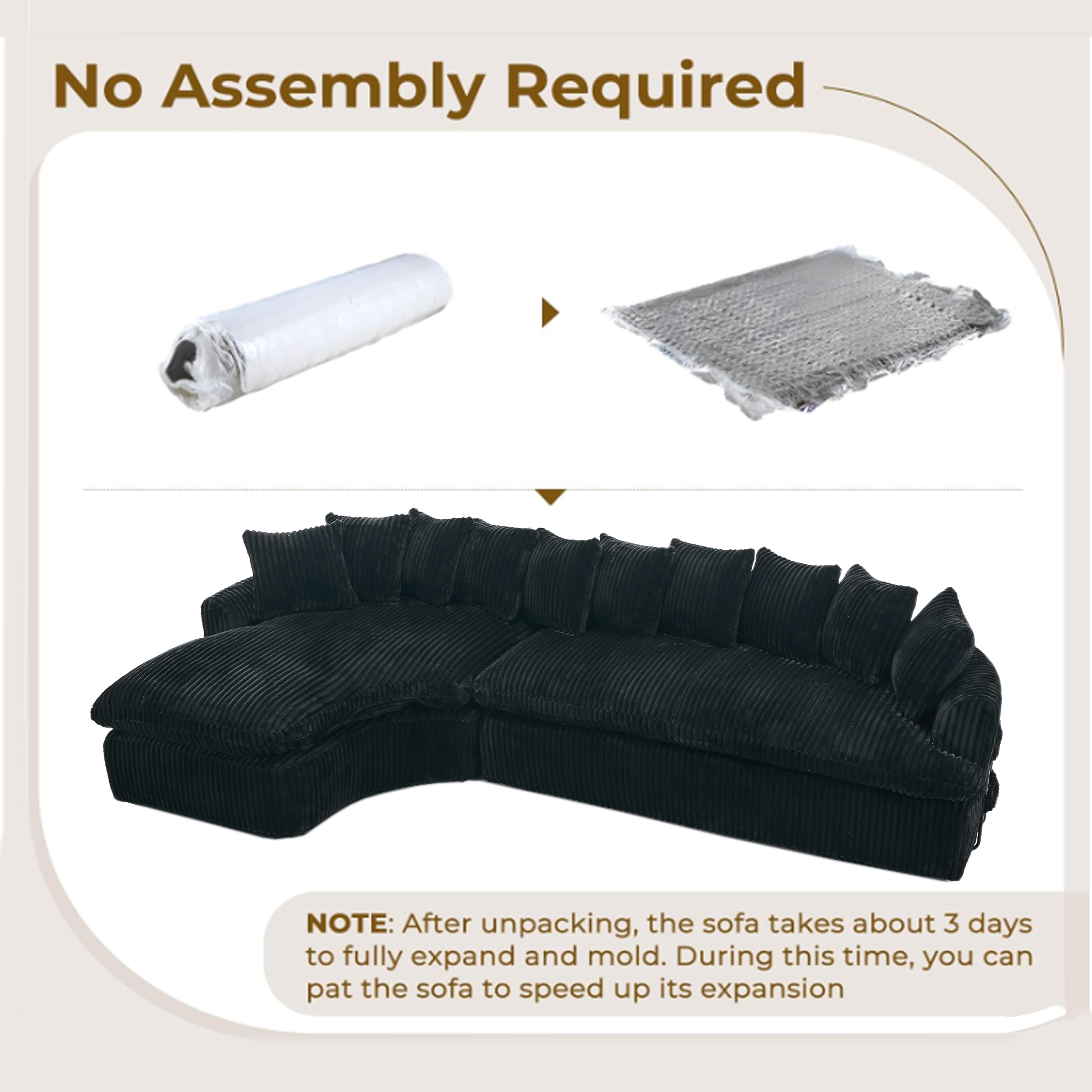 [NEW ARRIVED] [VIDEO PROVIDED]   127''  Large Sectional Sofa ,Elegant Curved Design ,High-Resilience Foam ,Ten Back Cushions,L-Shape Left Sofa,No Assembly  Required , (Black
-Soft Corduroy Fabric)