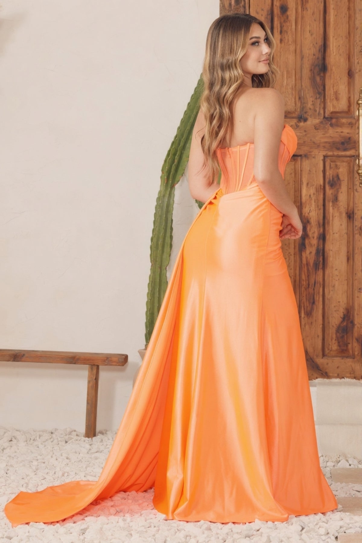 Strapless Soft Satin Sheath Graduation Gown w/ Draped Neckline & Sheer Corset Bodice NXE1237