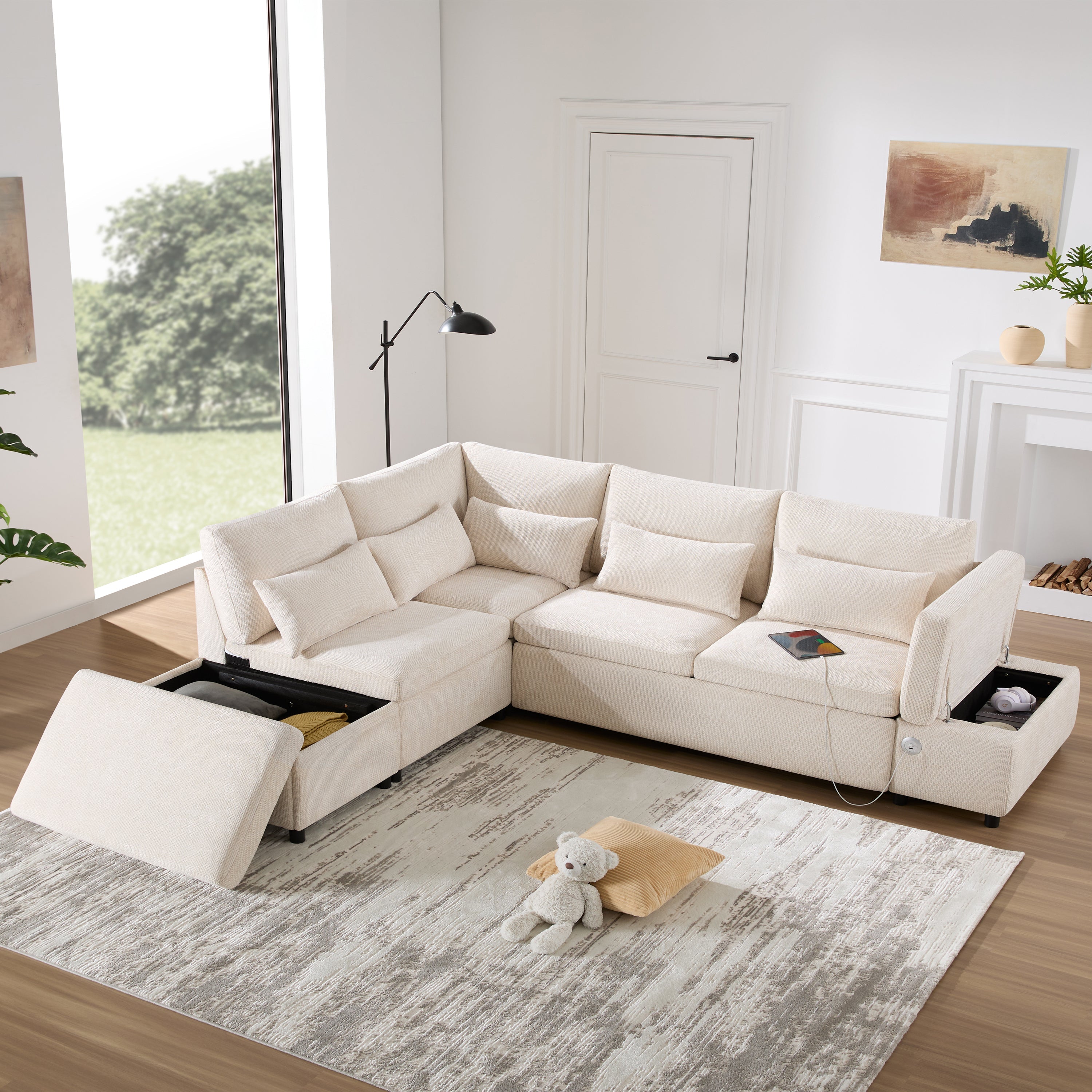 [VIDEO] 107'' Modular Sectional Pull-out Sofa, L shape with Wide Seats, Free Movement Storage Ottoman, Free Combination, Oversize Chenille Sofa for Living Room & Apartment, 2 colors