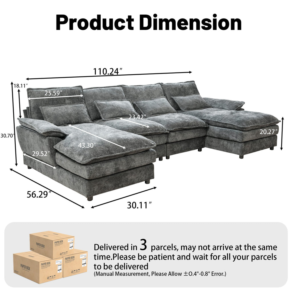 110' Modular Sectional Sofa Cloud Couch with Double Chaise Lounge , U Shaped Chenille Upholstered Leisure Sofa&Couches with Memory Foam and Waist Pillows for Living Room Office,Grey.