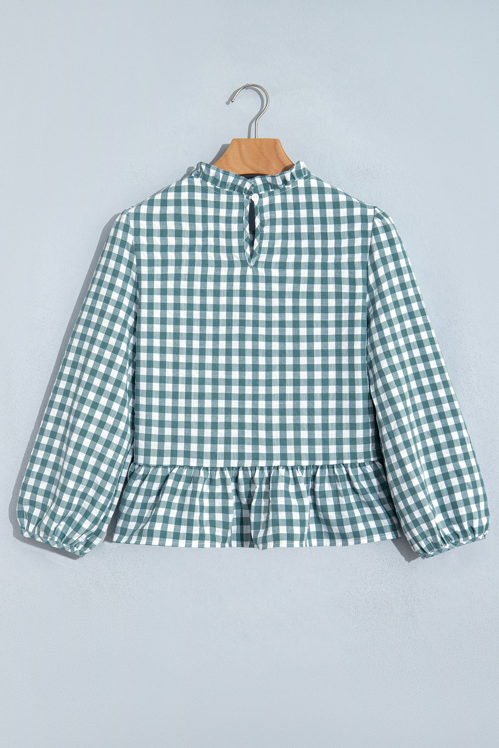 Gingham Shirred Long Sleeve Peplum Top