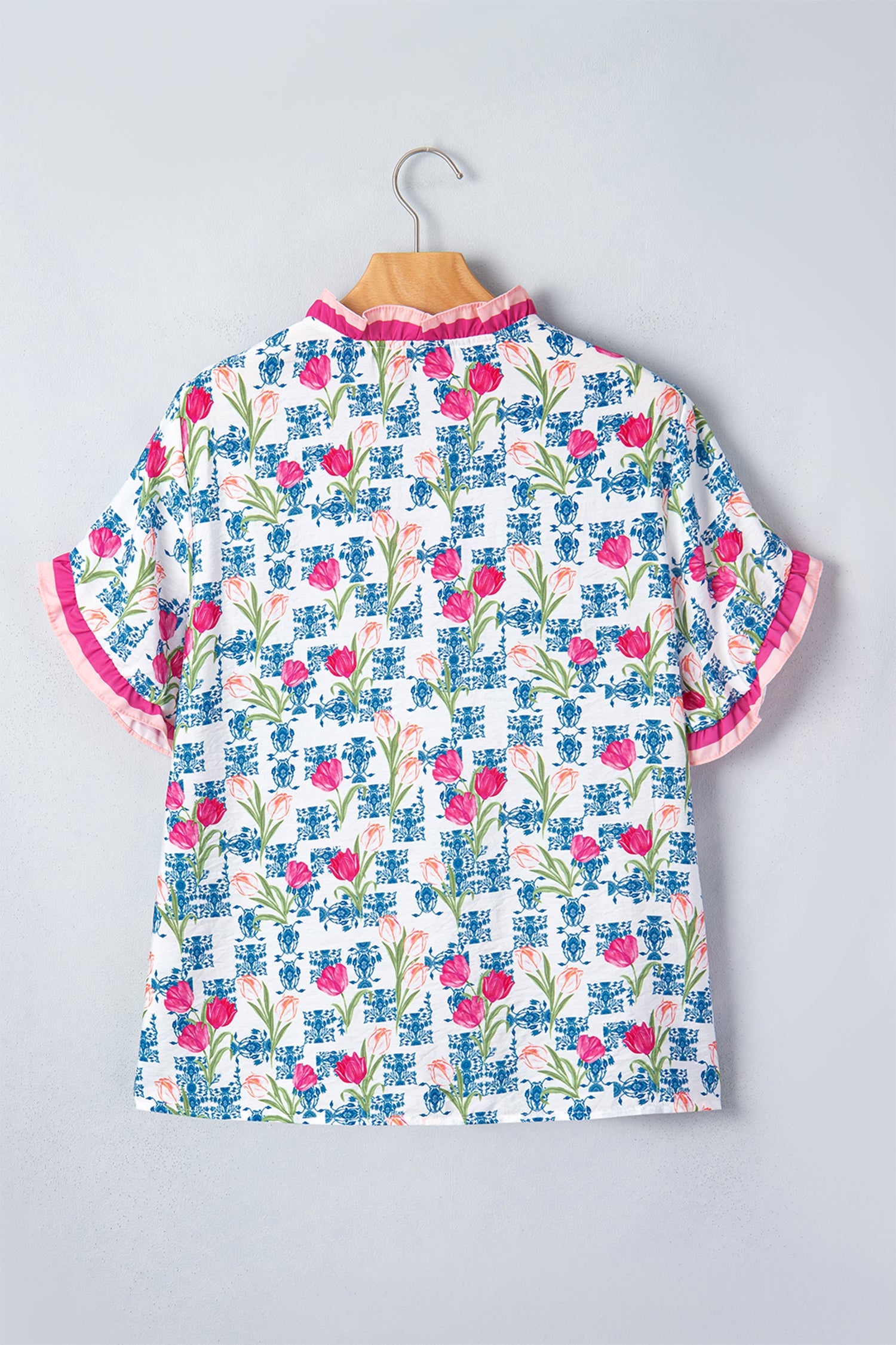 Floral Ruffle V-Neck Short Sleeve Tunic Shirt