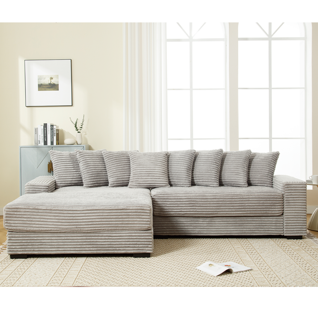 [NEW ARRIVED] [VIDEO PROVIDED] Oversized Two-Piece  Couches,  L Shaped Sofa, Corduroy, Left Chaise Daybed,with Armrests,Eight Throw Pillows,Corner Sofa,Easy To Assemble,  Gray