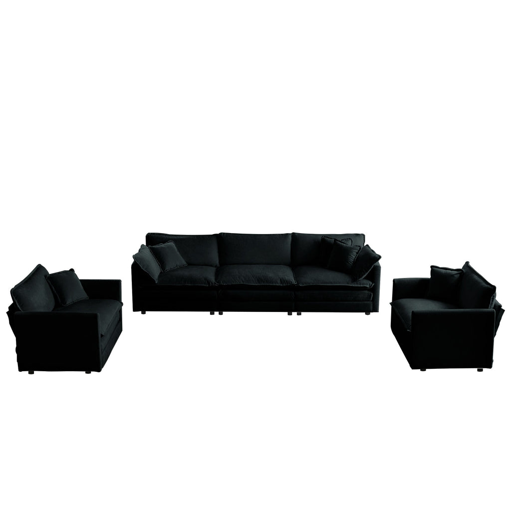 Sofa Set of 3, 1+1+3 Seats Living Room Sofa Set, Accent Chair, Loveseat, and Three-Seat Sofa Modern Style Round Arms 3 Piece Sofa Set, Black Chenille