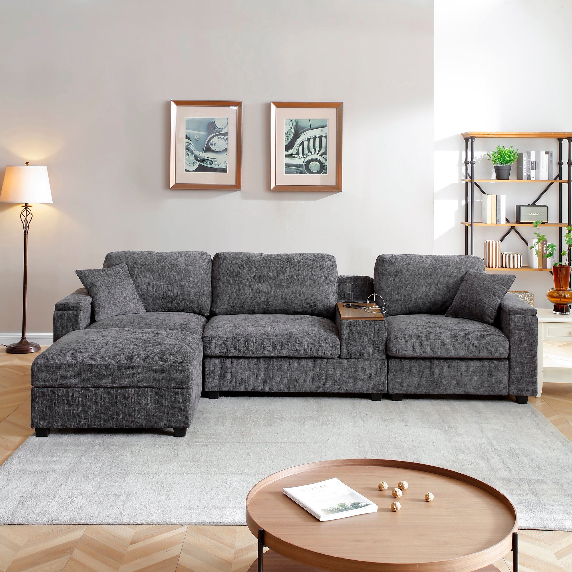 120.3'Sectional Sofa ,L-Shaped Oversized Couch ,Comfy Cloud Couch Set with Drop Down Table,360-degree Swivel tray ,Cup Holders,USB Charger,Storage Ottoman and  Armrest,Wide Seat Sofa for Living room
