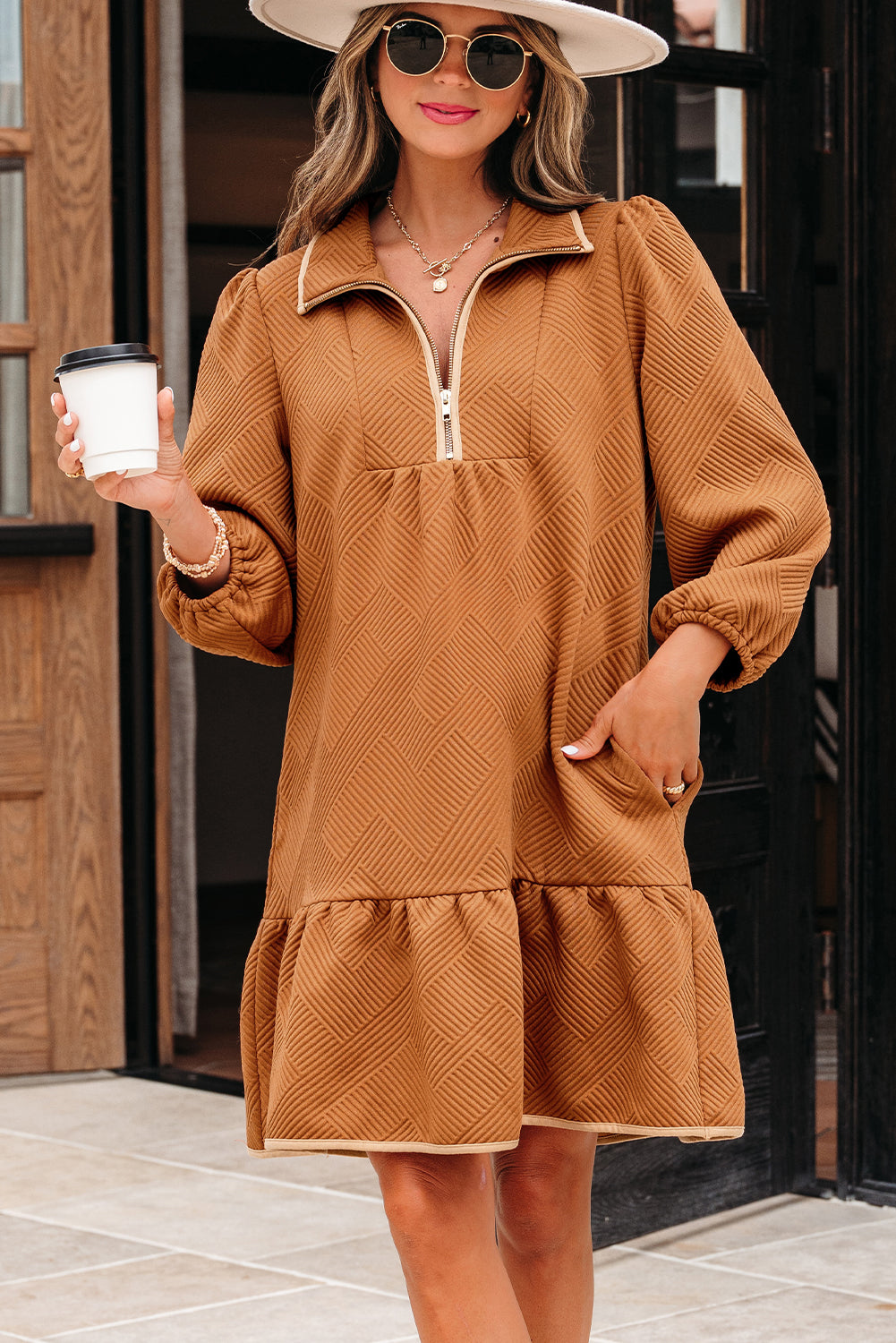 Textured Quarter Zip Collar 3/4 Sleeve Mini Dress