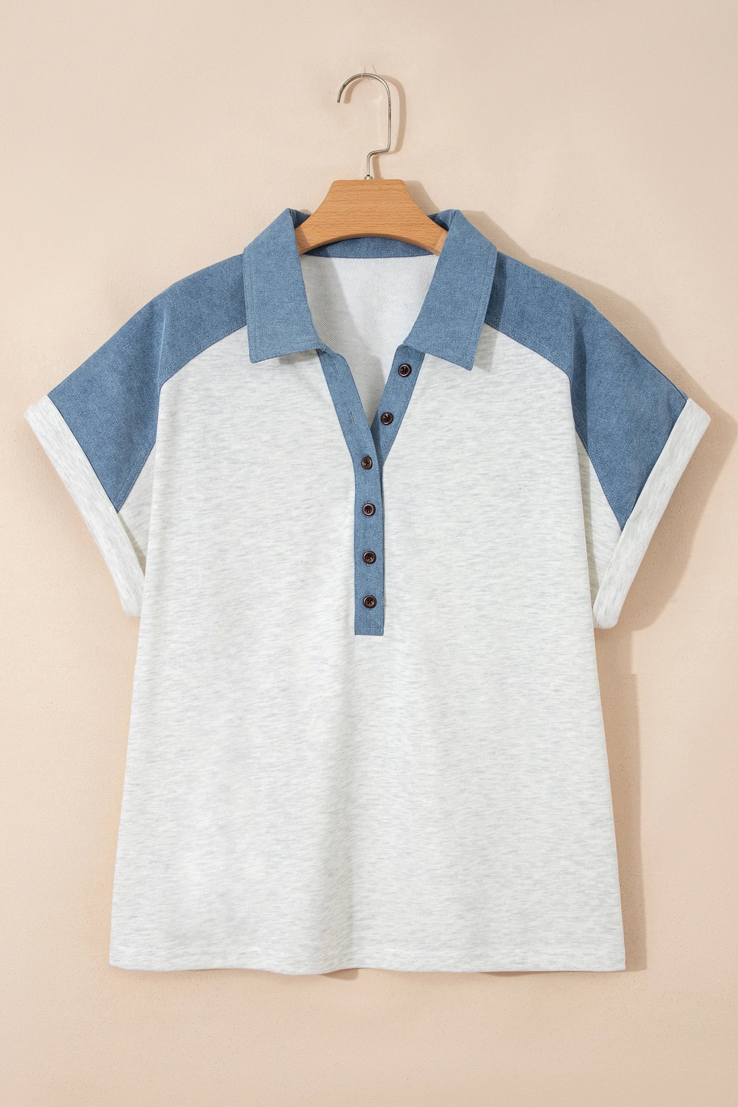 Plus Size Denim Patchwork Cuff Sleeve Polo Tee