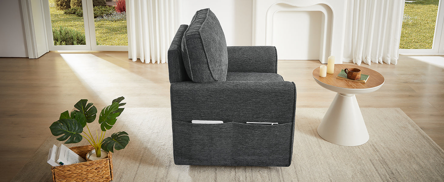 360° Swivel Chair Accent Barrel Armchair with Side Pockets, Grey Chenille, Compact Design for Living Room, Bedroom, Office