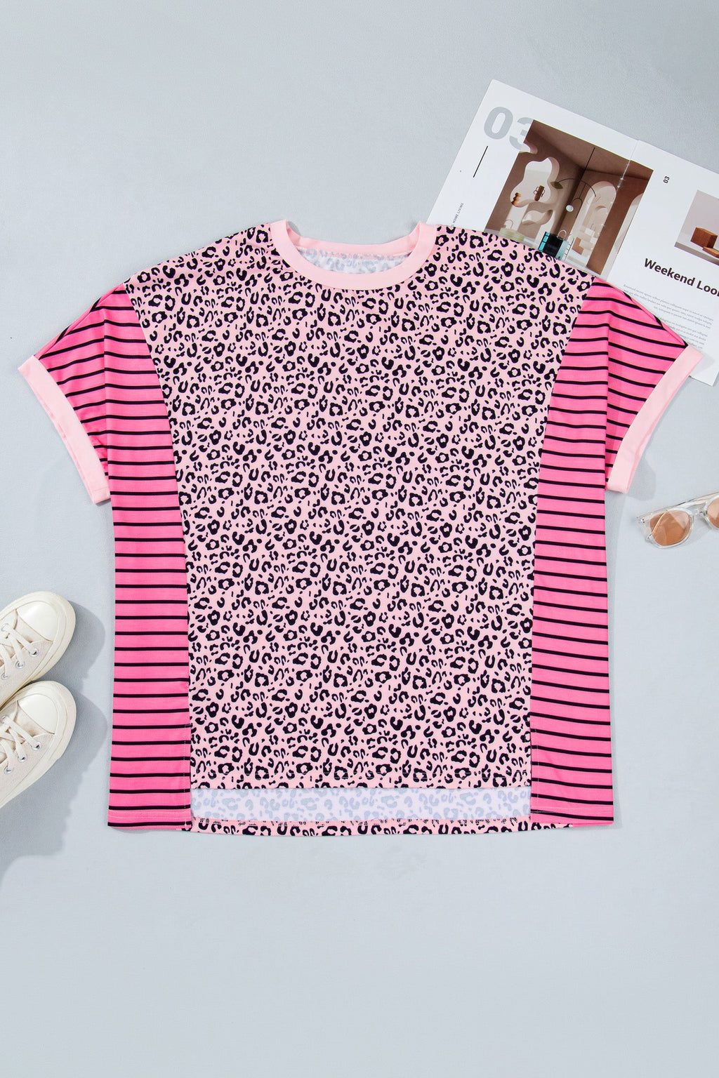 Plus Size Leopard Stripe Contrast Patchwork Tee
