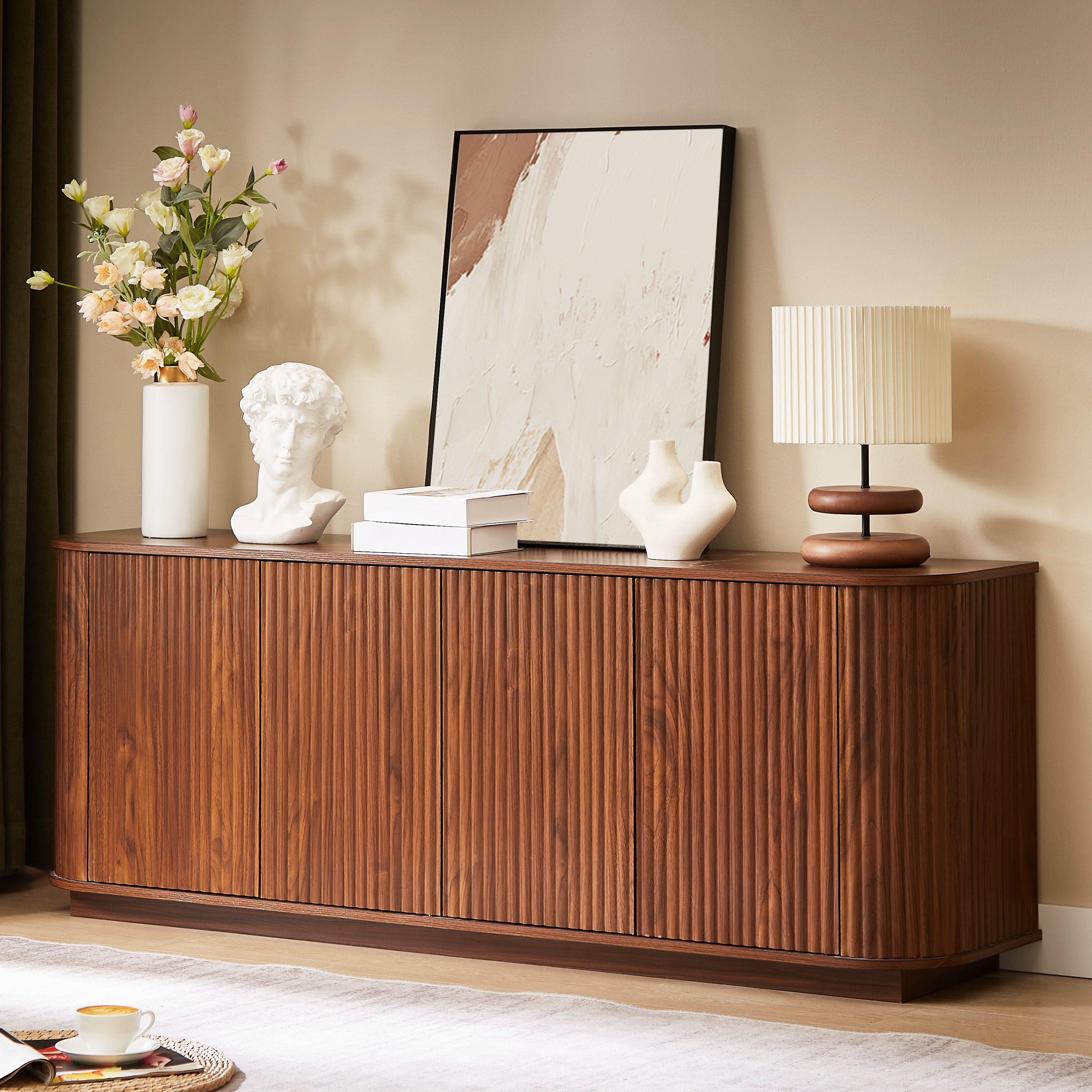 Sideboard Storage Cabinet TV Stand with wave pattern Buffet Cabinet Wooden Vertical Striped Cabinet for Kitchen/Bedroom/Entryway. Walnut, 64''W x 15''D x 24''H.