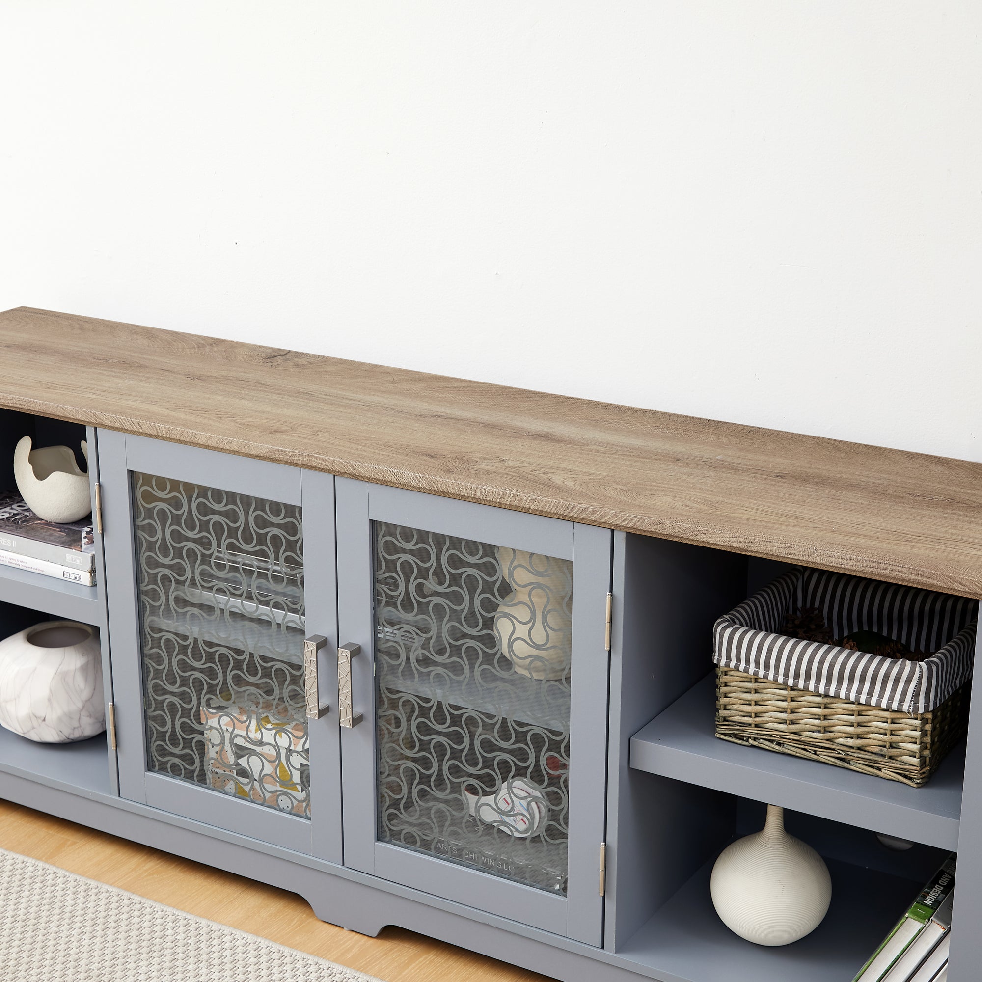 Modern Farmhouse TV Media Stand, Large Home Entertainment Console, for TV Up to 80'', with Open Shelves and Glass Door Cabinets, Light Blue and Light Oak, 70'W*15.55'D*26.85'H