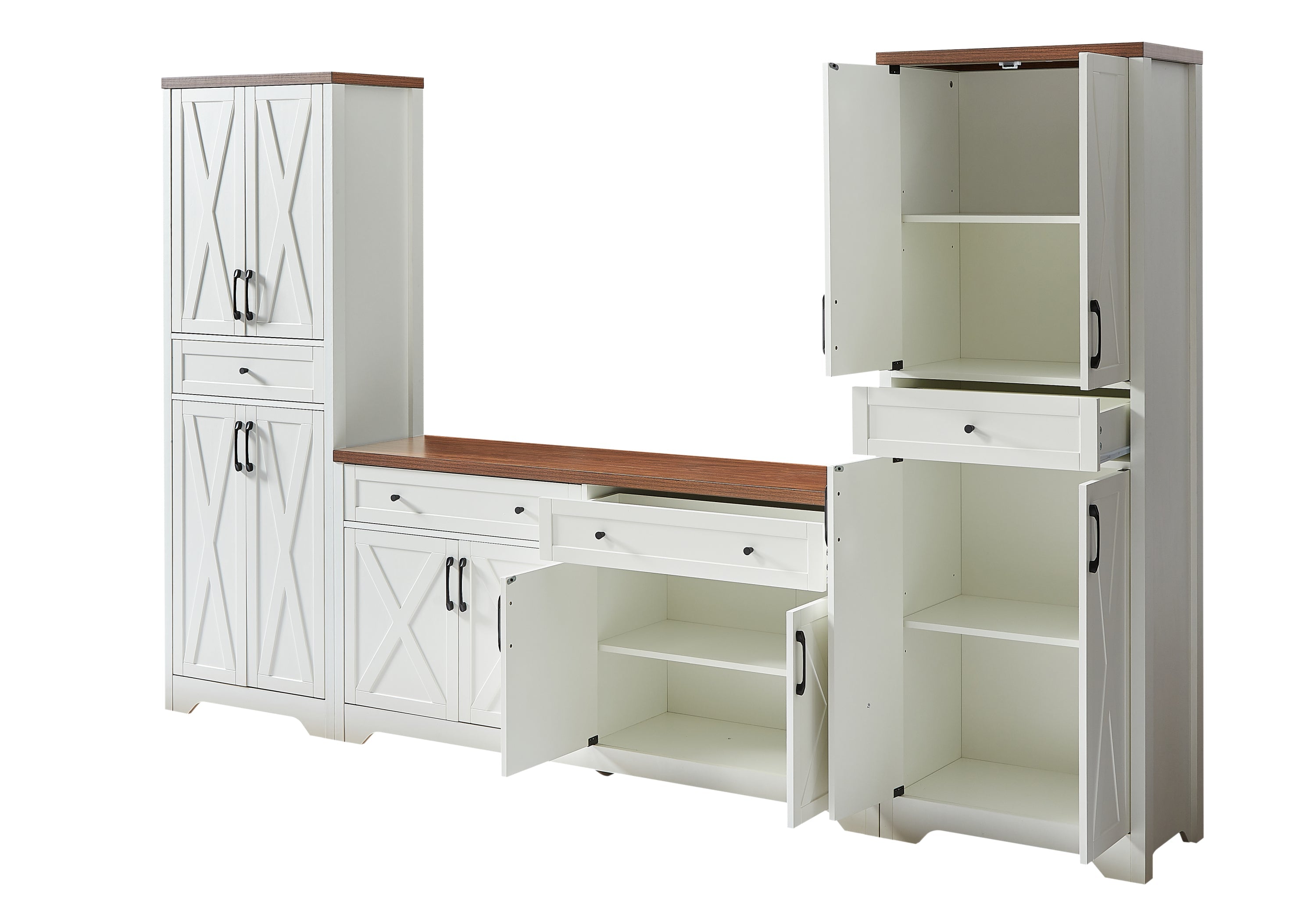 TV Cabinet Set Multifunctional TV Wall, One TV Cabinet and Two Sideboards for Living Room, 108.7''L x 15''W x 68''H.