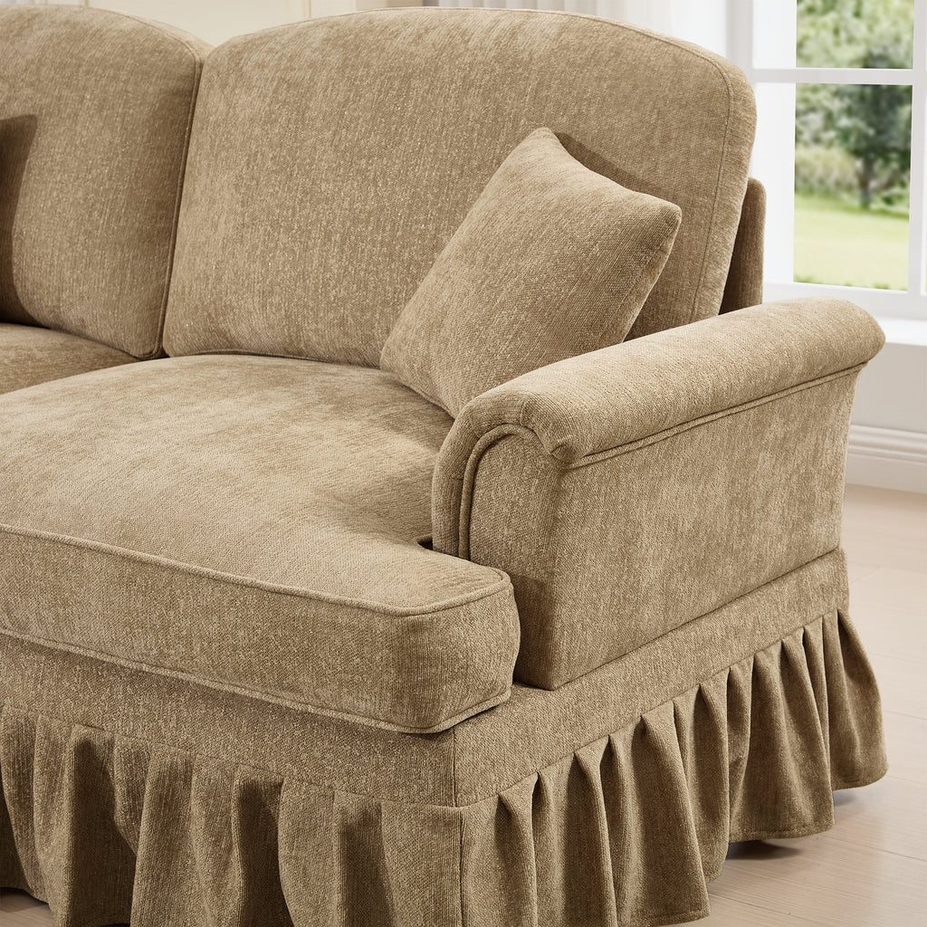 Elegant Mid Century Large 4 Seater Sofa Couch with Flared Arms and Removable Ruffles Pleats Skirts and Spindle Legs, Comfy Chenille Four-Seat Sofa for Living Room, Light Coffee