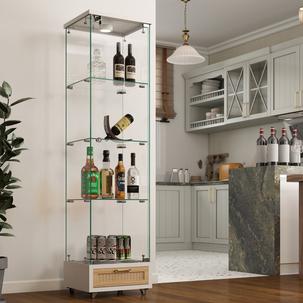 Modern Glass Display Cabinet with Drawer , Quick-assembly Antique Cabinet with LED lights, Tempered Glass Bookshelf,  1-Door Storage Case with 4 Shelves  for Living Room and Bedroom, white and natural