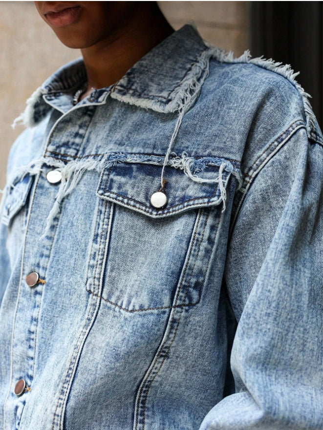 Men's Raw Hem Light Wash Oversized Denim Jean Jacket