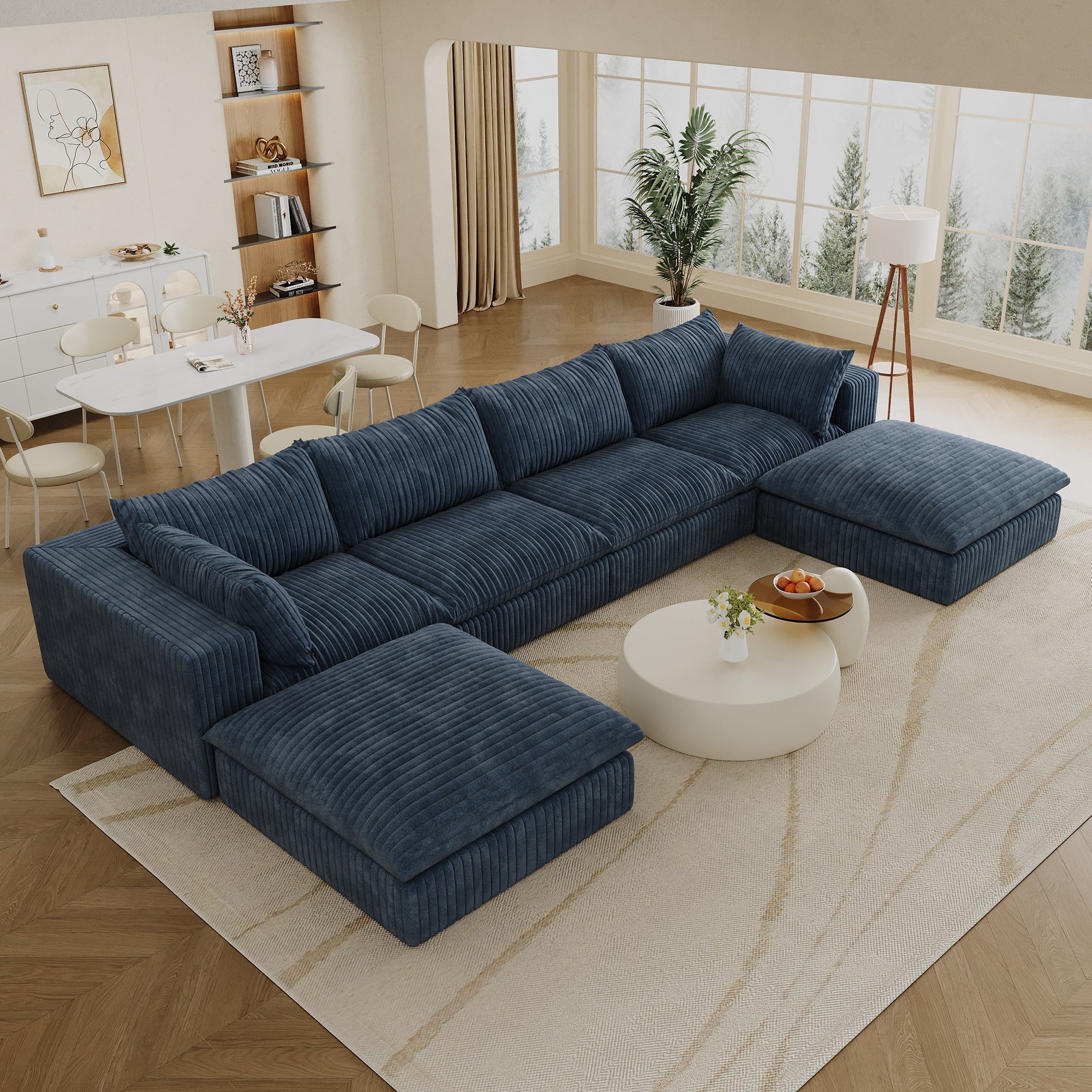 157.6'Cloud Sofa,Corduroy Fabric,Deep Seat Couches,Double-layer design,Removable  Cushion,No Assembly,DIY Combination for Living room, Bedroom,Conference room ,Apartment,Blue