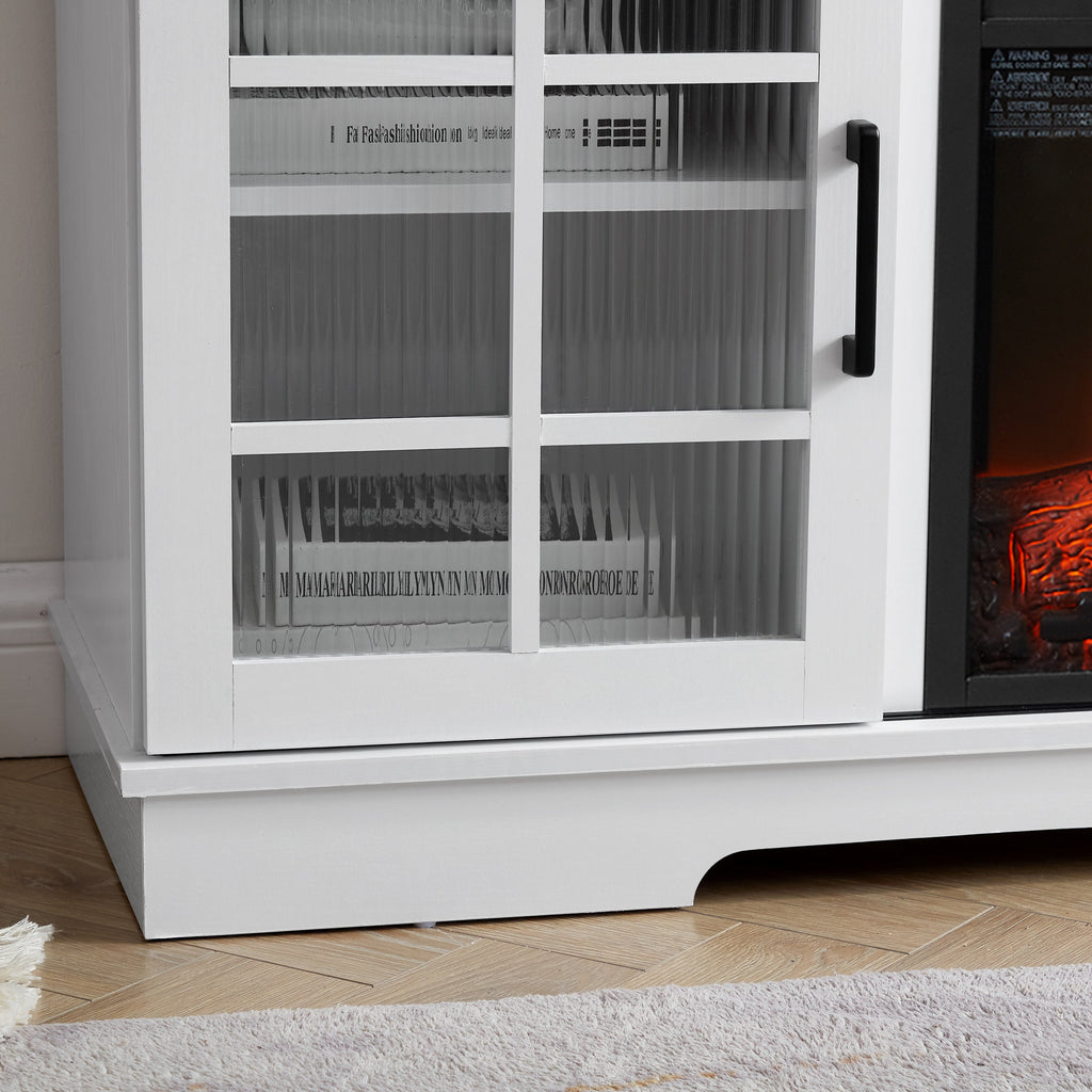 Multipurpose Sliding Door TV Cabinet Large Storage Cabinet with 2 Sliding Glass Doors, TV Storage Rack with 23' Fireplace TV Cabinet, WHITE+BROWN, 59.13'W*15.94'D*27.8'H