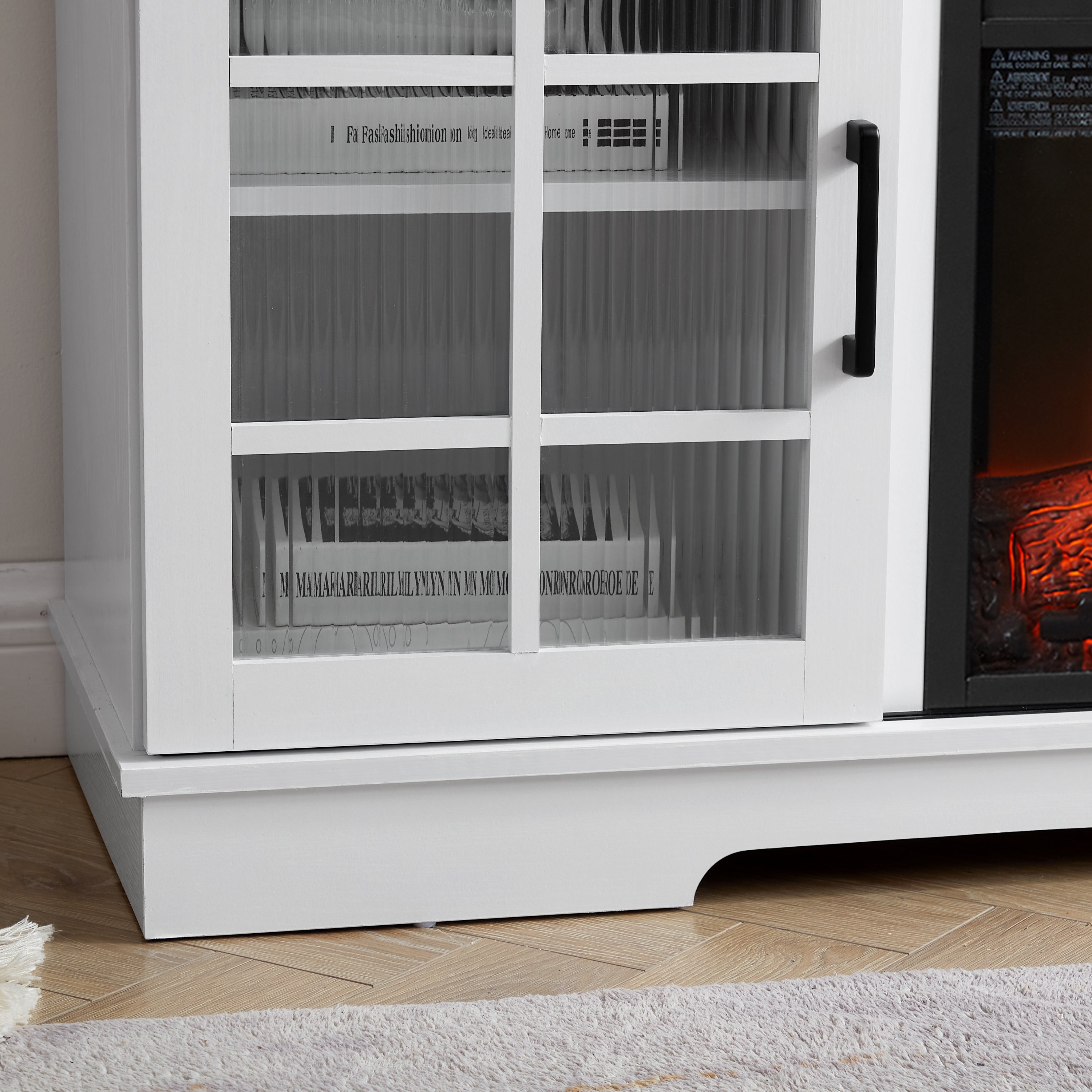 Multipurpose Sliding Door TV Cabinet Large Storage Cabinet with 2 Sliding Glass Doors, TV Storage Rack with 23' Fireplace TV Cabinet, WHITE+BROWN, 59.13'W*15.94'D*27.8'H