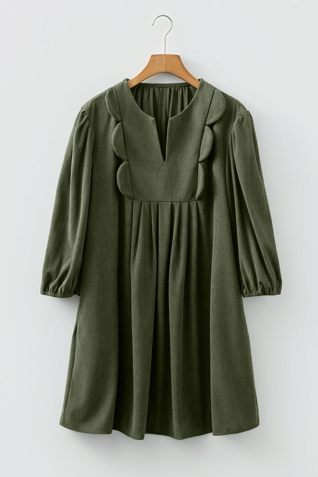 Corduroy Pleated Scallop Neck 3/4 Sleeve Mini Dress