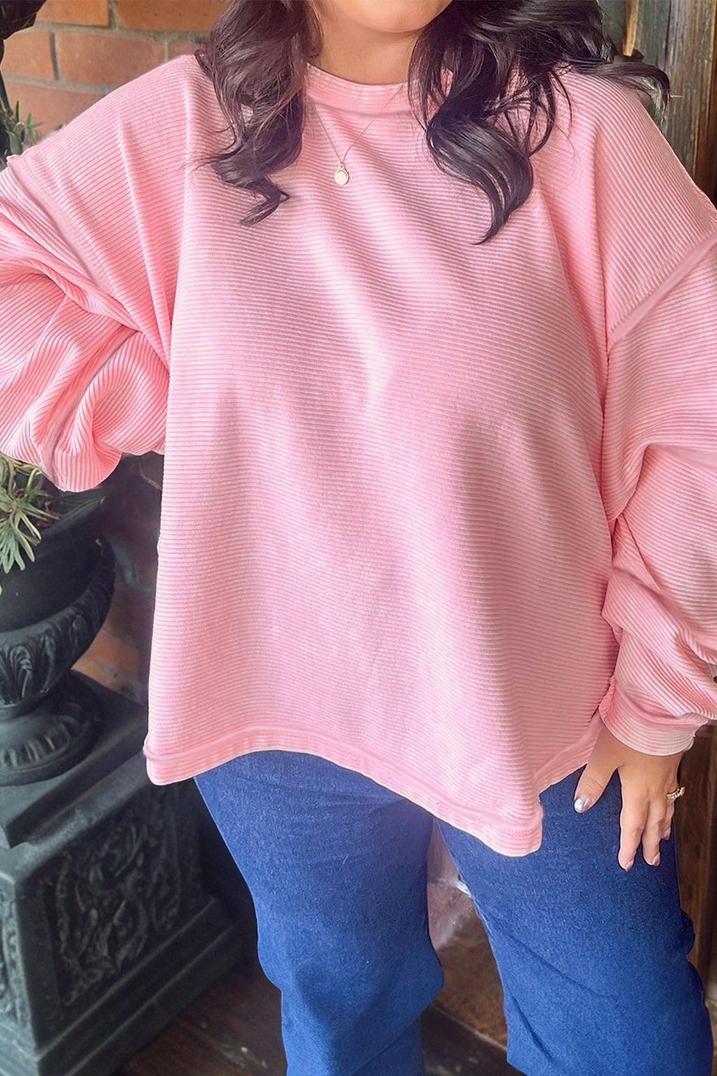Plus Size Solid Ribbed Drop Shoulder Top