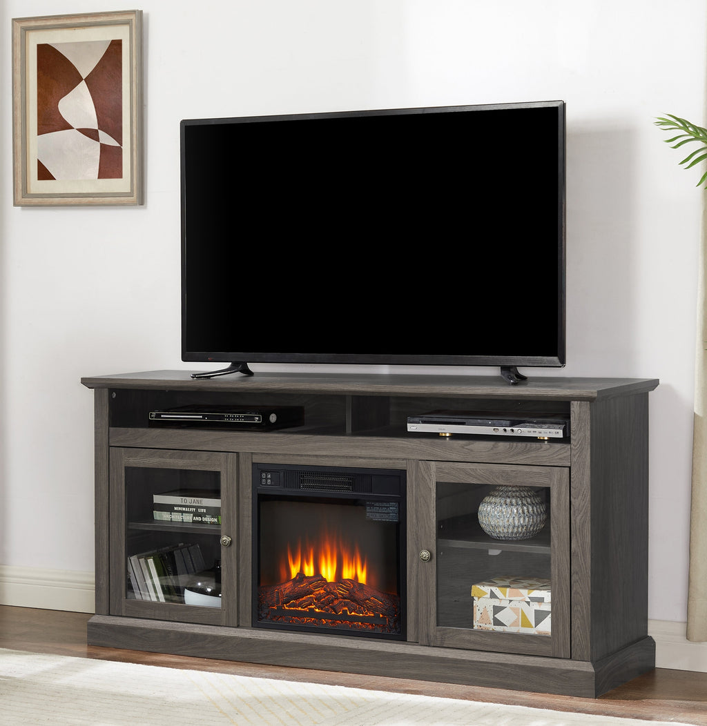 Retro TV Stand for 65'' TV, TV Console Cabinet with Storage, Open Shelves Entertainment Center with 18' Fireplace Insert  for Living Room Dark Walnut 60'W*15.75'D*29'H