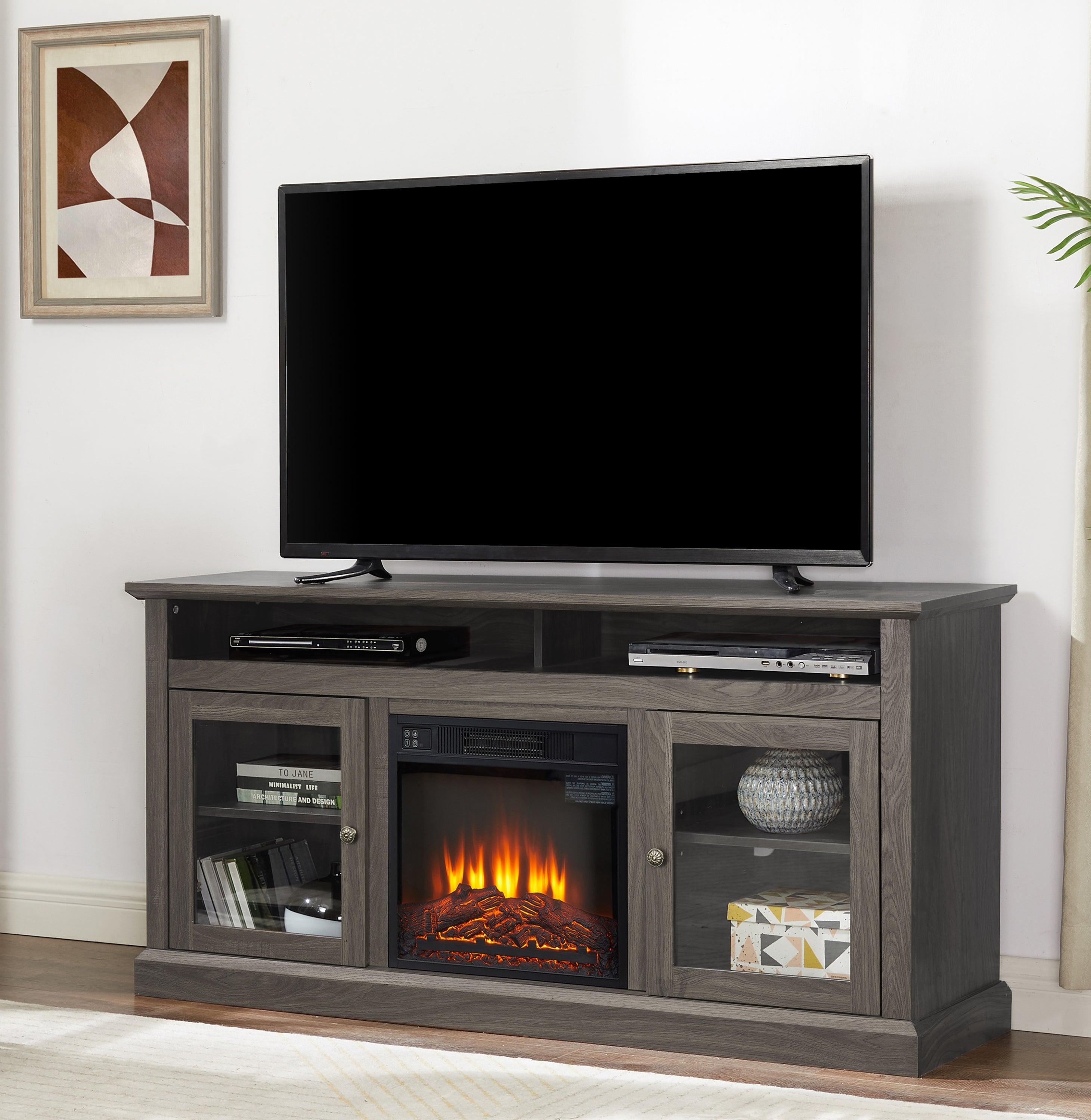 Retro TV Stand for 65'' TV, TV Console Cabinet with Storage, Open Shelves Entertainment Center with 18' Fireplace Insert  for Living Room Dark Walnut 60'W*15.75'D*29'H