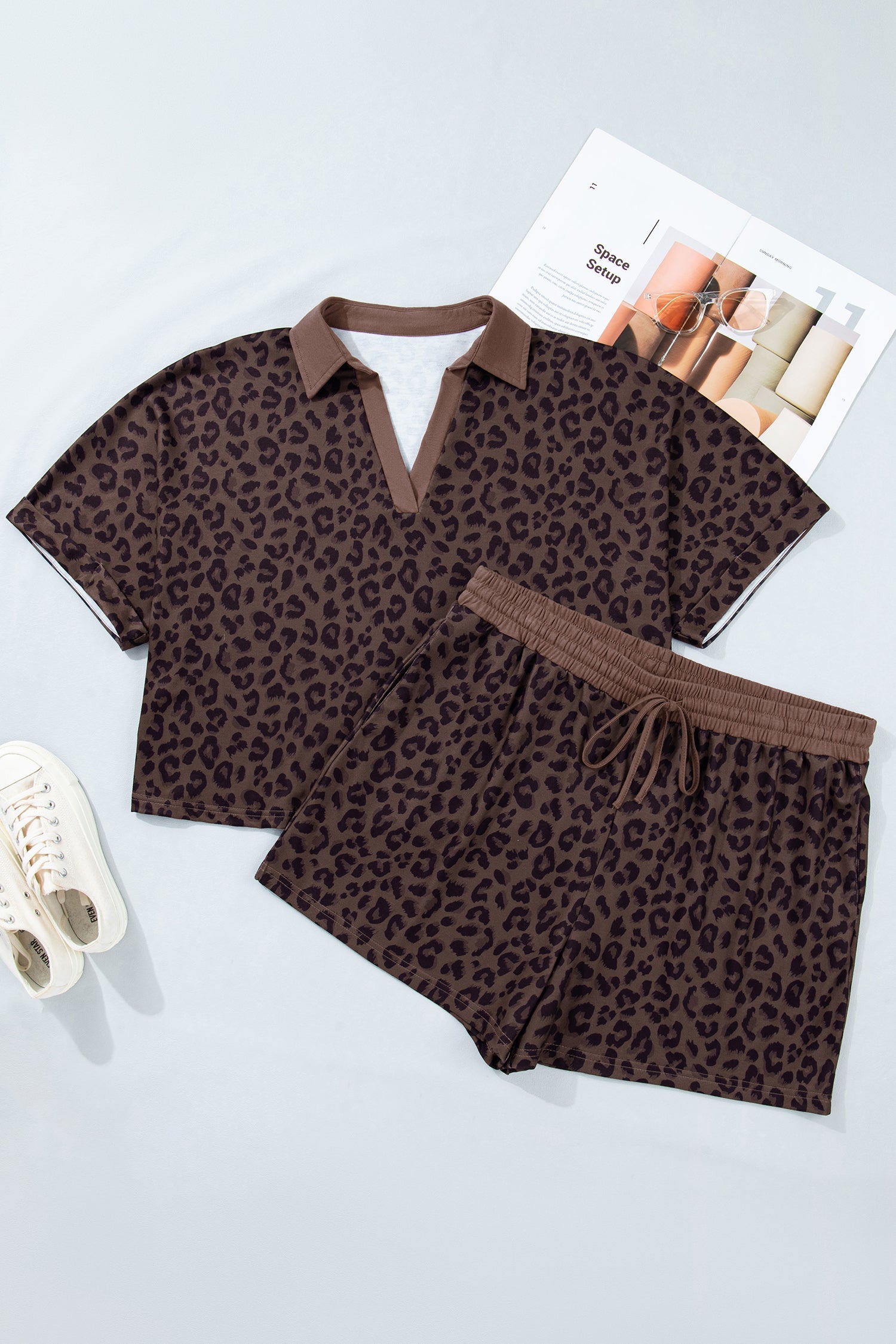 Plus Size Leopard Collared Top & Drawstring Shorts Set