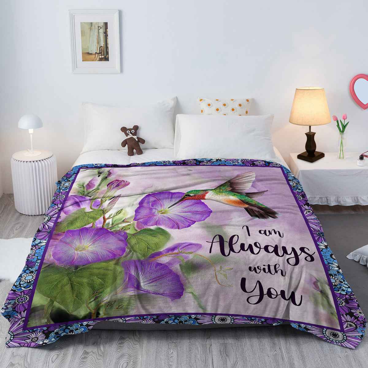 Purple Morning Glory Hummingbird Print Flannel Blanket - I Am Always With You