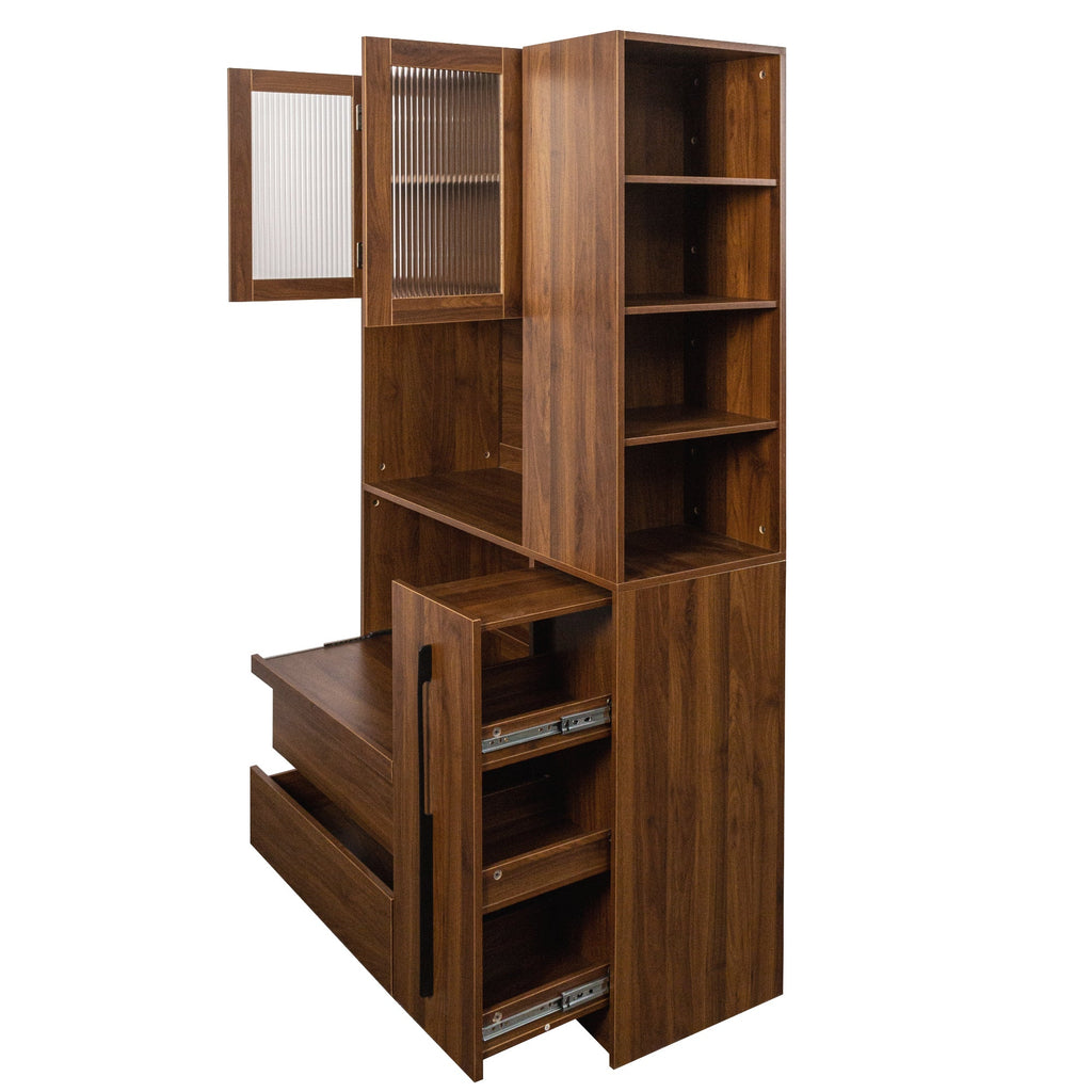 70.87' Tall Kitchen Pantry Cabinet with multi-functional pull-out multi-tier storage shelf,  4-Tier side Shelf, 2 Drawers,with Glass Door,Freestanding Food Hutch with Microwave Stand for Dining Room