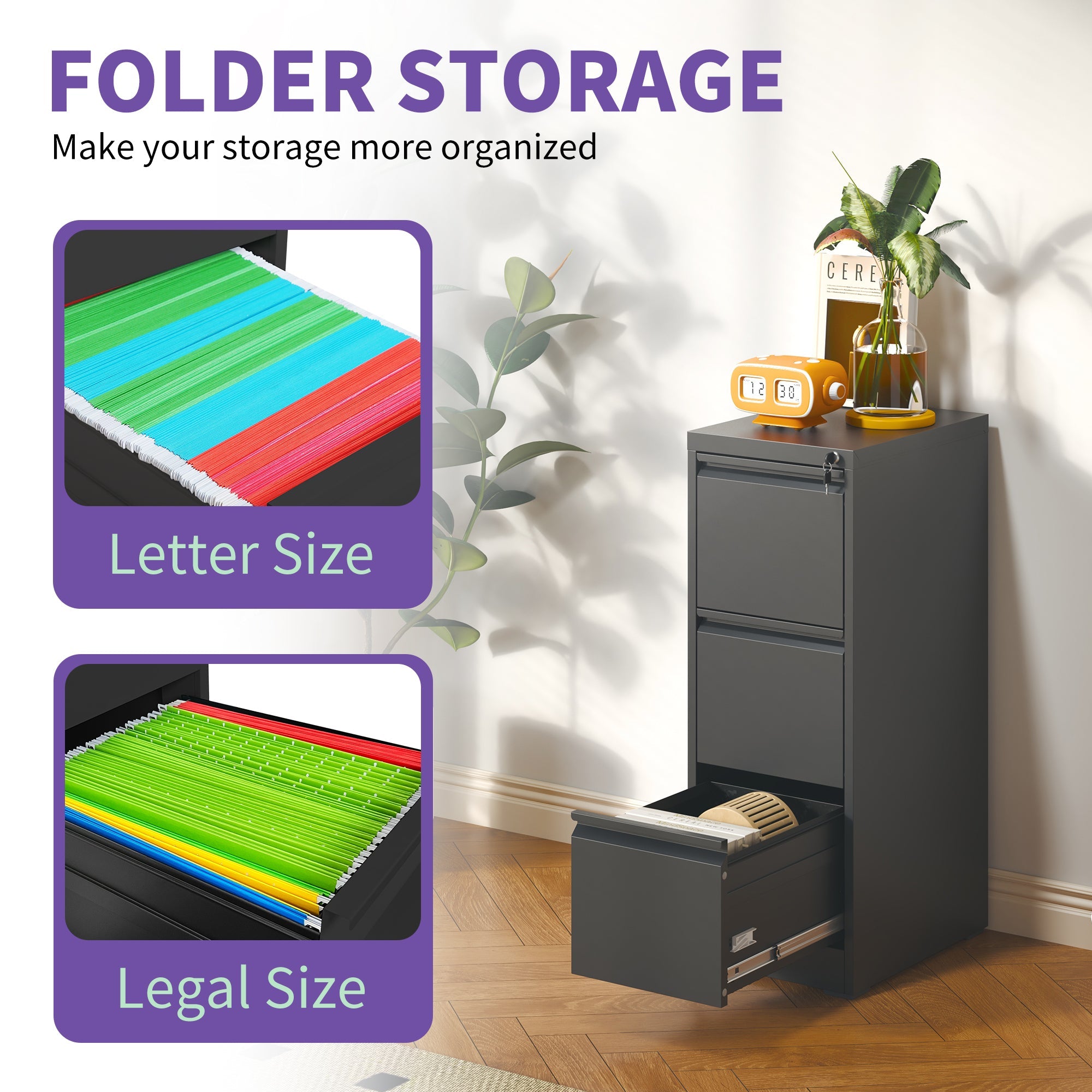SteelCraft 3 Drawer Metal Vertical File Cabinet with Lock, Black, Steel, 15.16x17.72x40.39 inches