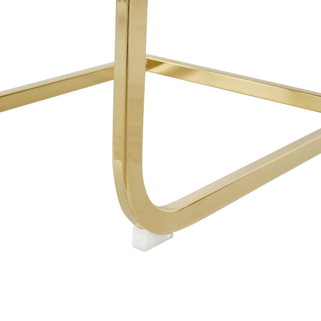Modern style glass dining table, elegant transparent design, sturdy stainless steel base, White dining chair set, with gold-plated chair legs, suitable for dining room and kitchen (set of 7)
