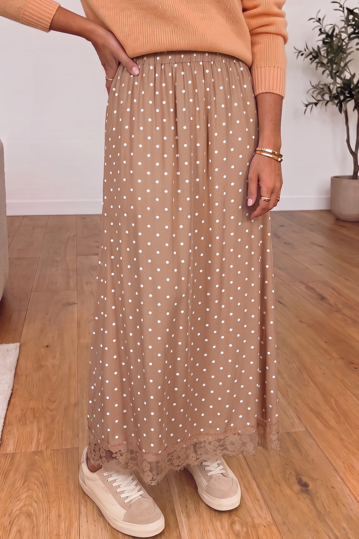 Polka Dot Lace Hem Midi Skirt