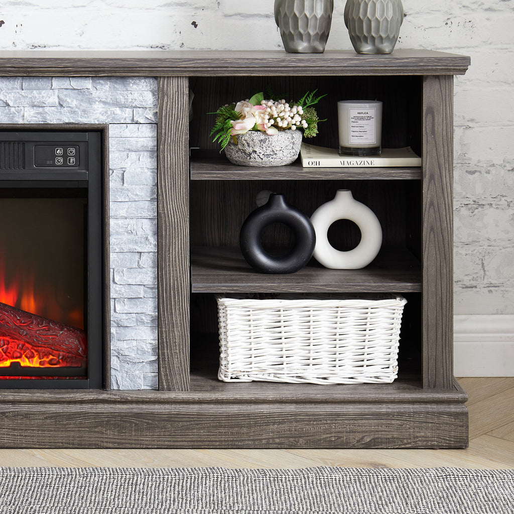Mantel Electric Fireplace Stone TV Media Stand with Faux Stacked Stone Surround, Modern Entertainment Console with Open Storage Space with 18' Fireplace Insert ,Grey, 58.31'W*15.39'D*26.06'H