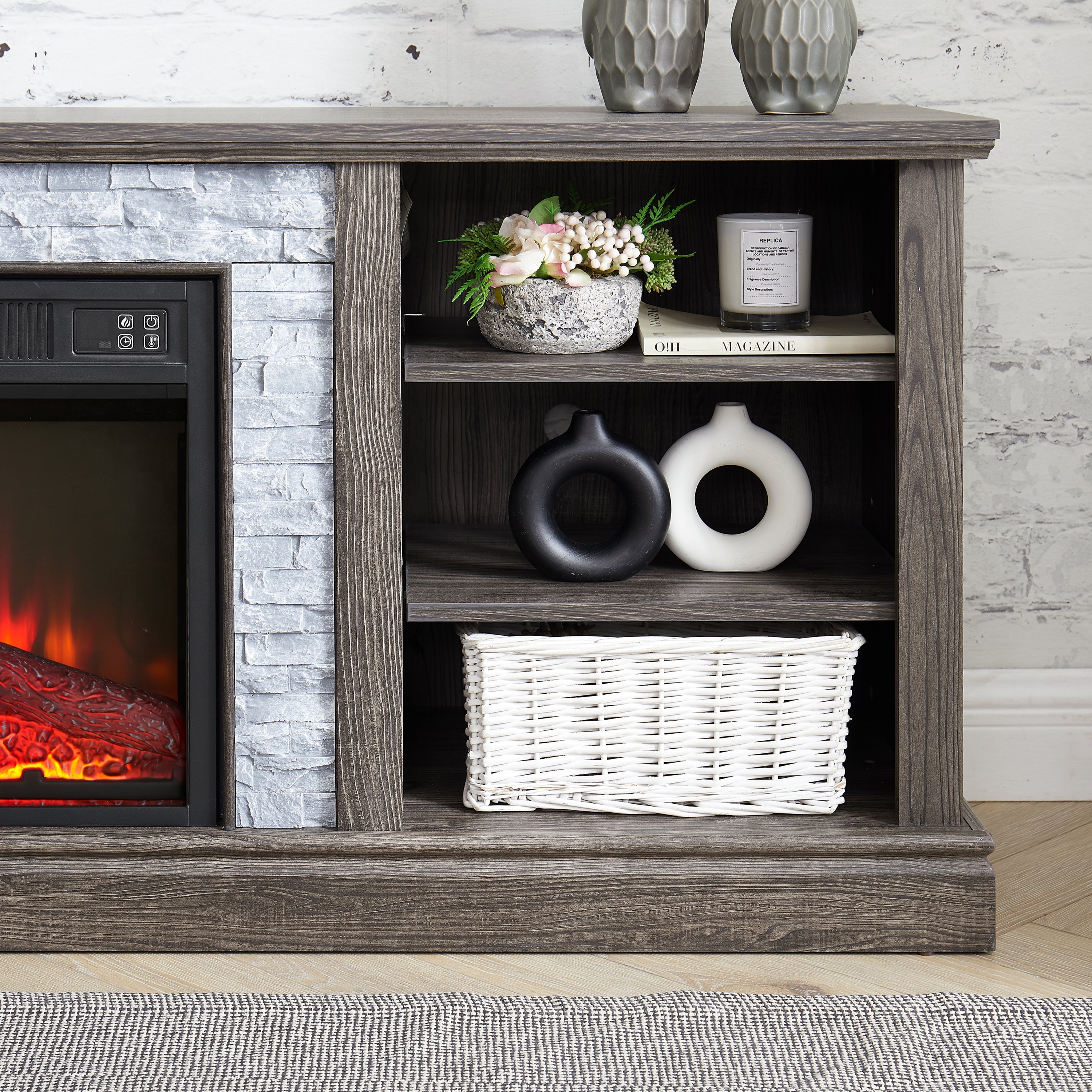 Mantel Electric Fireplace Stone TV Media Stand with Faux Stacked Stone Surround, Modern Entertainment Console with Open Storage Space with 18' Fireplace Insert ,Grey, 58.31'W*15.39'D*26.06'H