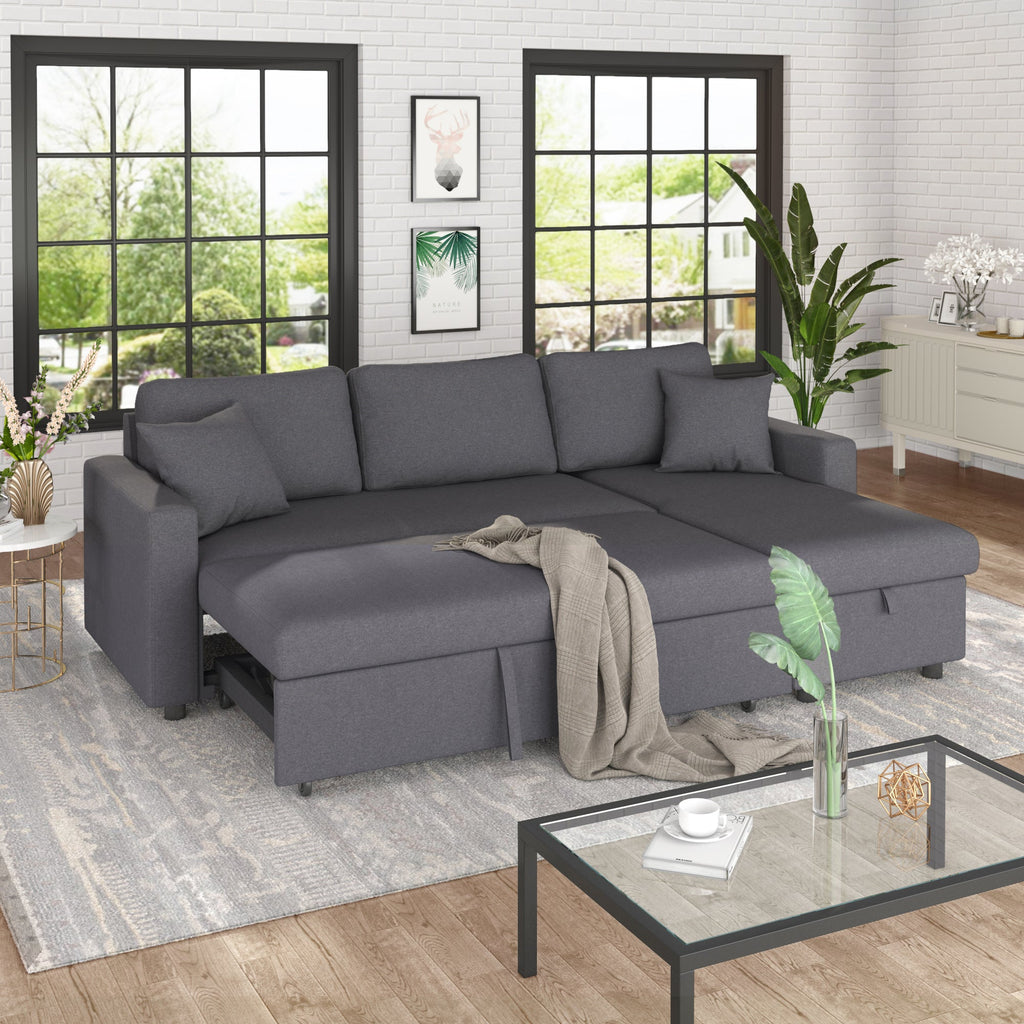 U_STYLE 87.44' Upholstery Sleeper Sectional Sofa Grey with Storage Space, 2 Tossing Cushions