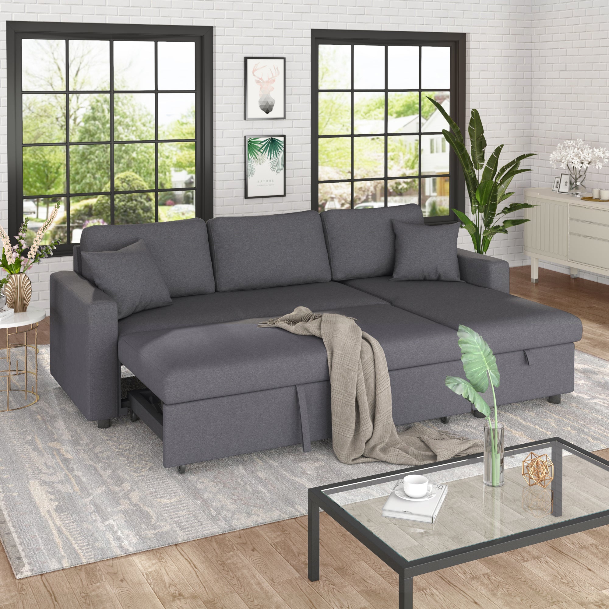 U_STYLE 87.44' Upholstery Sleeper Sectional Sofa Grey with Storage Space, 2 Tossing Cushions