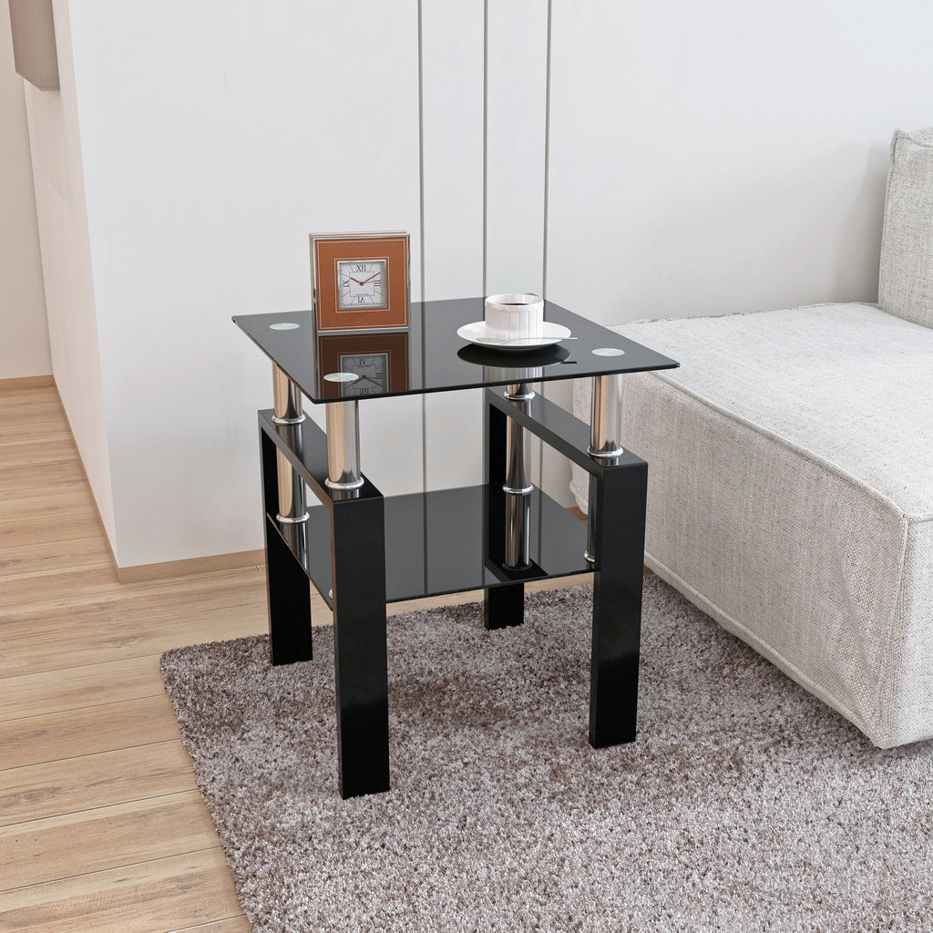 Modern Tempered Glass Tea Table Coffee Table End Table, Black, Square, 1-Piece for Living Room