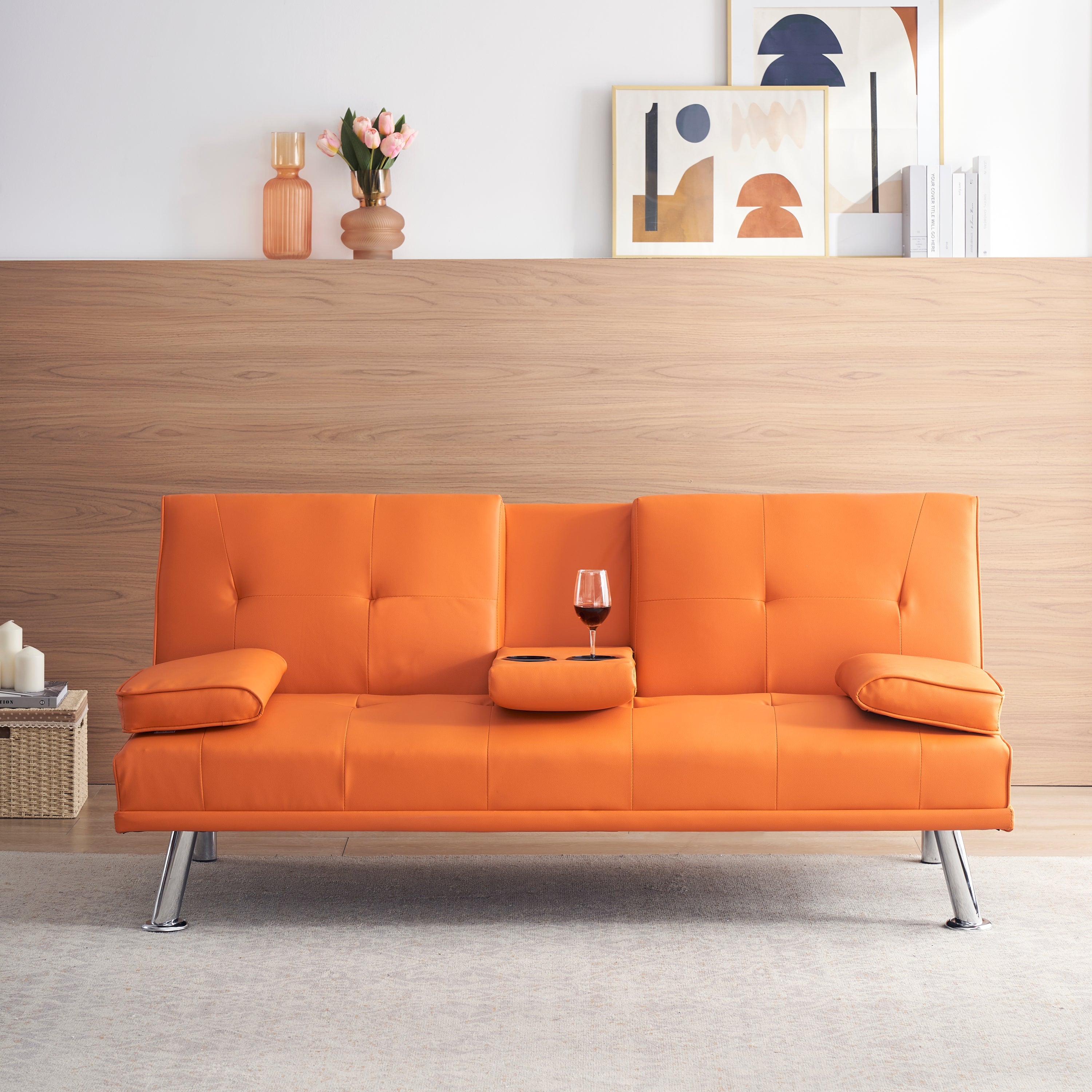 67' Orange Leather Office Sofa Bed, Double Fold, with Coffee Table, Multifunctional