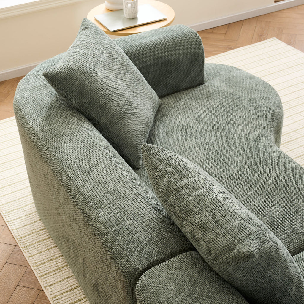 Modern Style Green Curved Sofa, Soft Corduroy Sofa with 3 Pillows, Living Room Milky White Ultra Smooth Curved Fabric Sofa