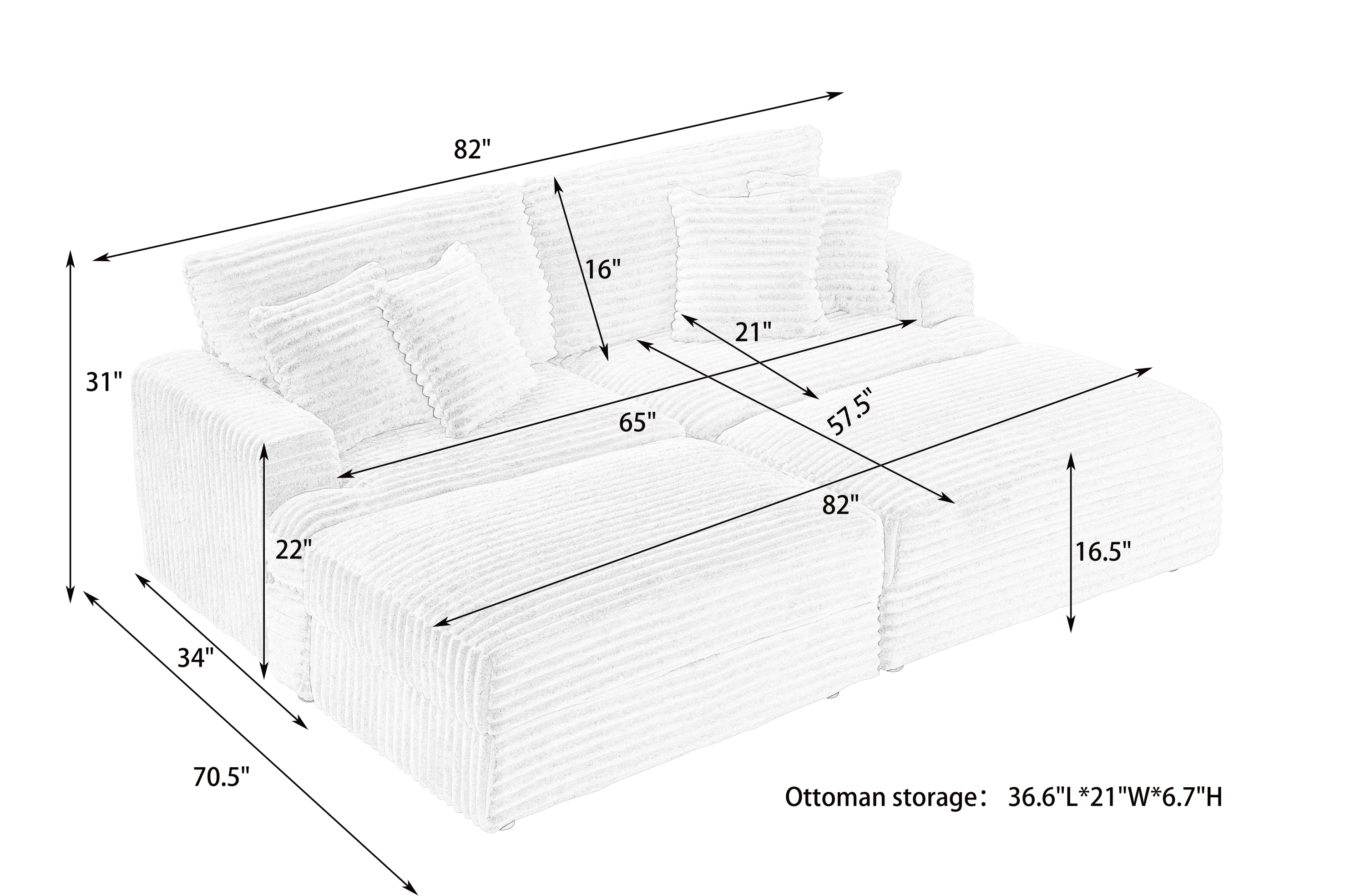 82 inches black corduroy sofa, two storage feet +4 throw pillows, create a living room, office fashion new darling!