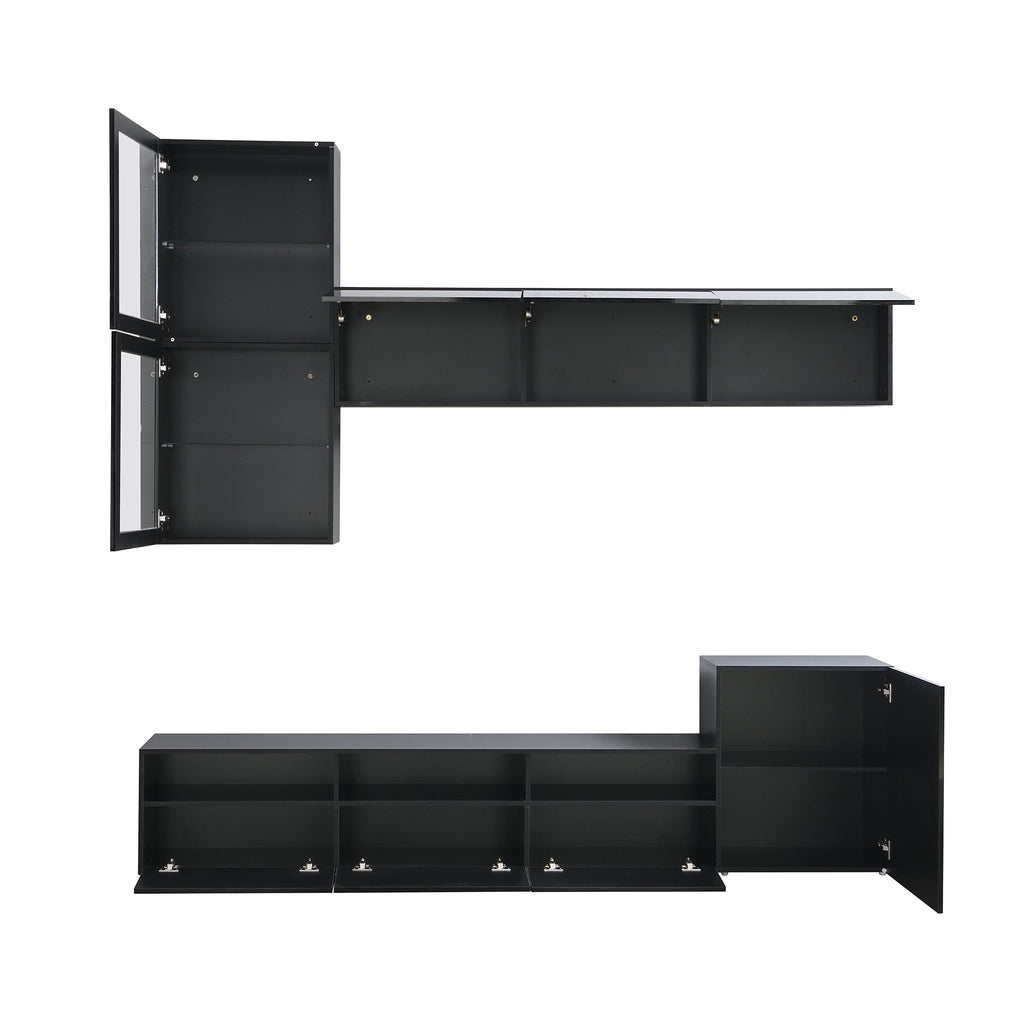 ON-TREND High Gloss TV Stand with Ample Storage Space, Media Console for TVs Up to 78', Versatile Entertainment Center with Wall Mounted Floating Storage Cabinets for Living Room, Black