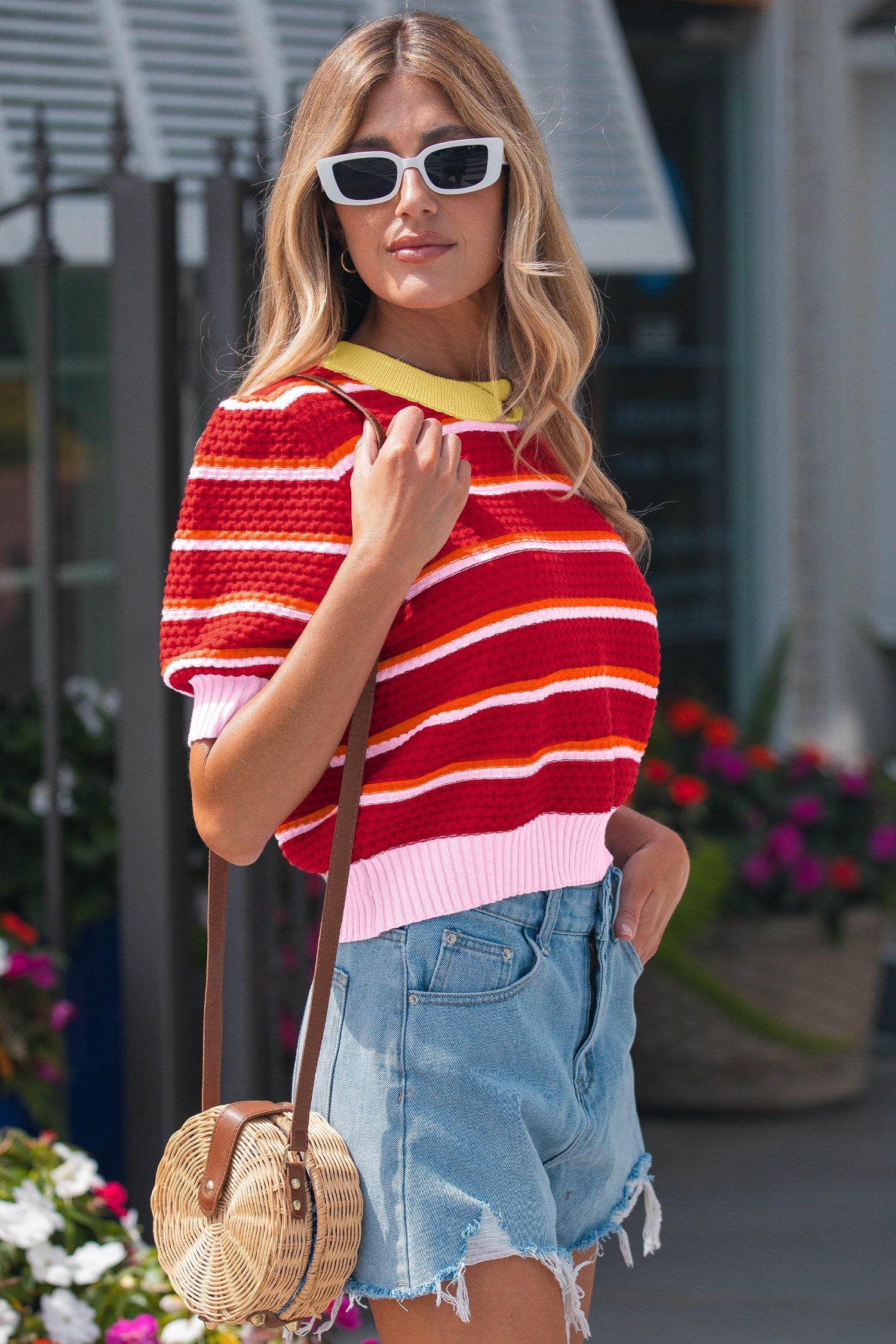 Stripe Colorblock Trim 3/4 Sleeve Sweater Top