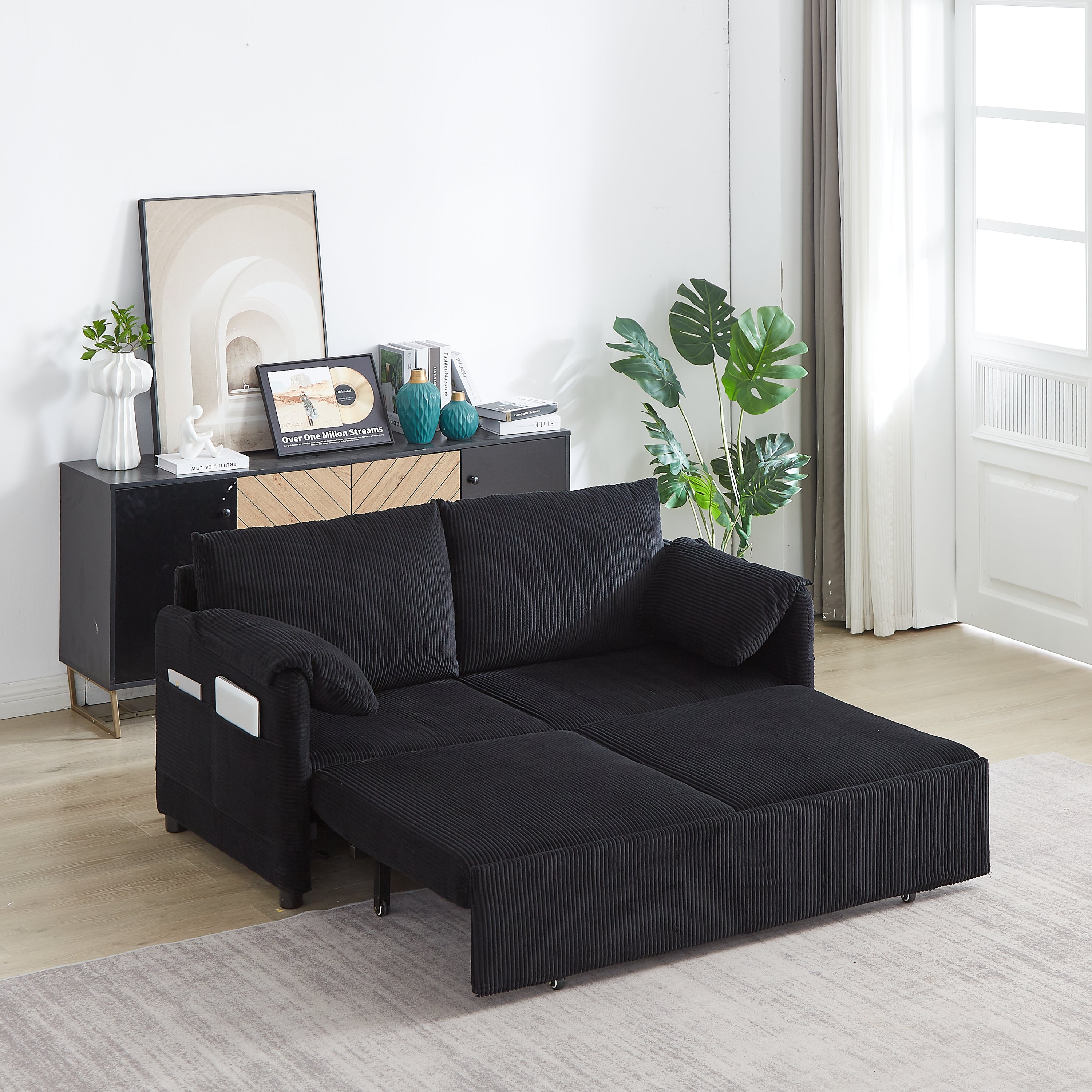 MH'' 64.5 Inch Sleeper Sofa Bed  3-in-1 Adjustable Sleeper with Pullout Bed   2 Pillows and Side Pockets  Soft Corduroy Convertible Sleeper Sofa Bed for Living Room Bedroom Apartment Office