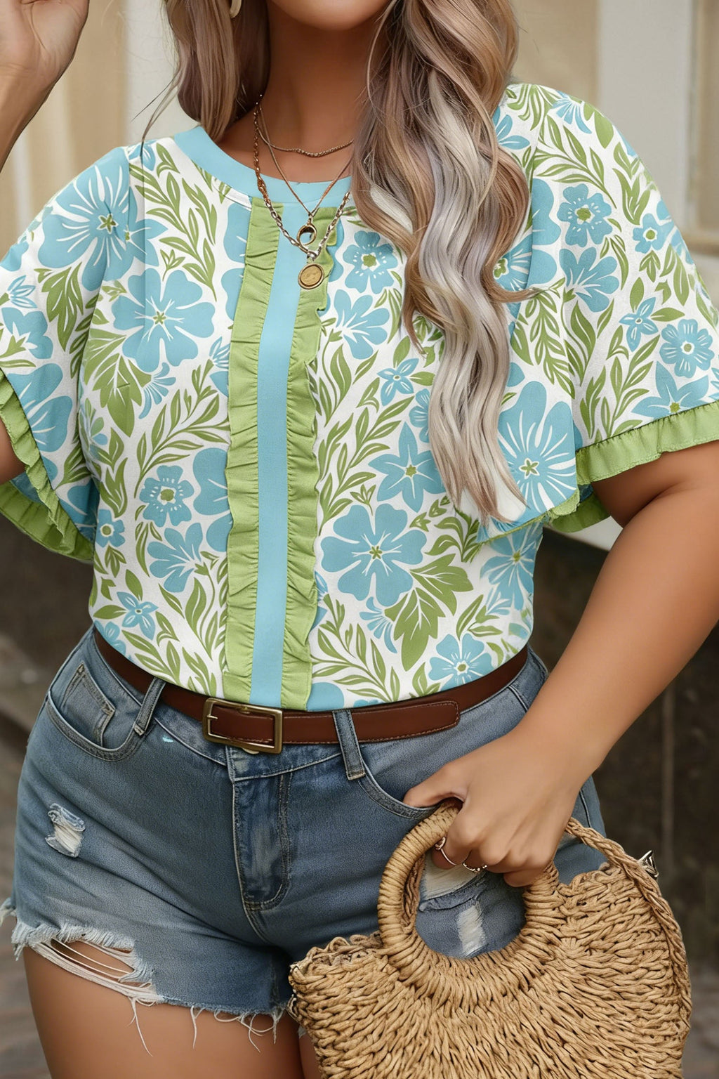 Plus Size Floral Frilled Colorblock Trim Blouse